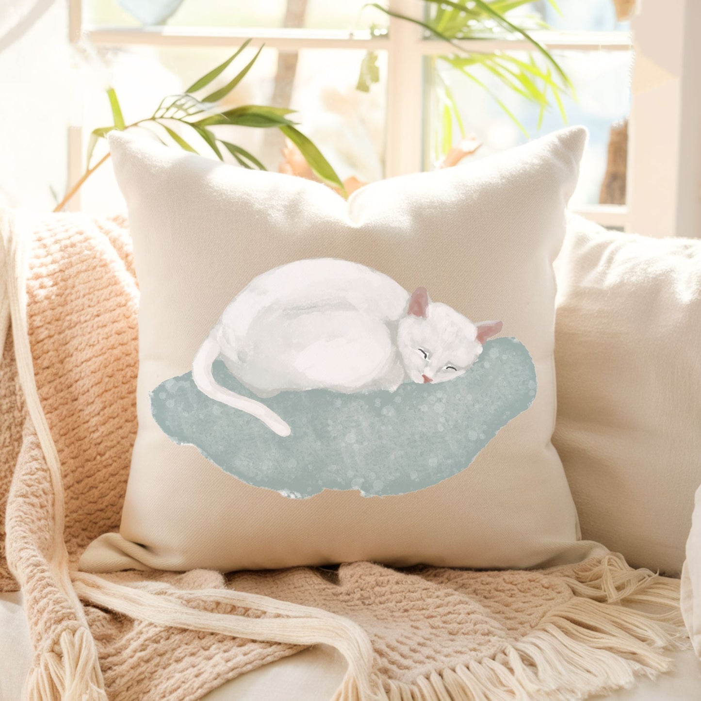 Sleeping White Cat Pillow - MerikaArt