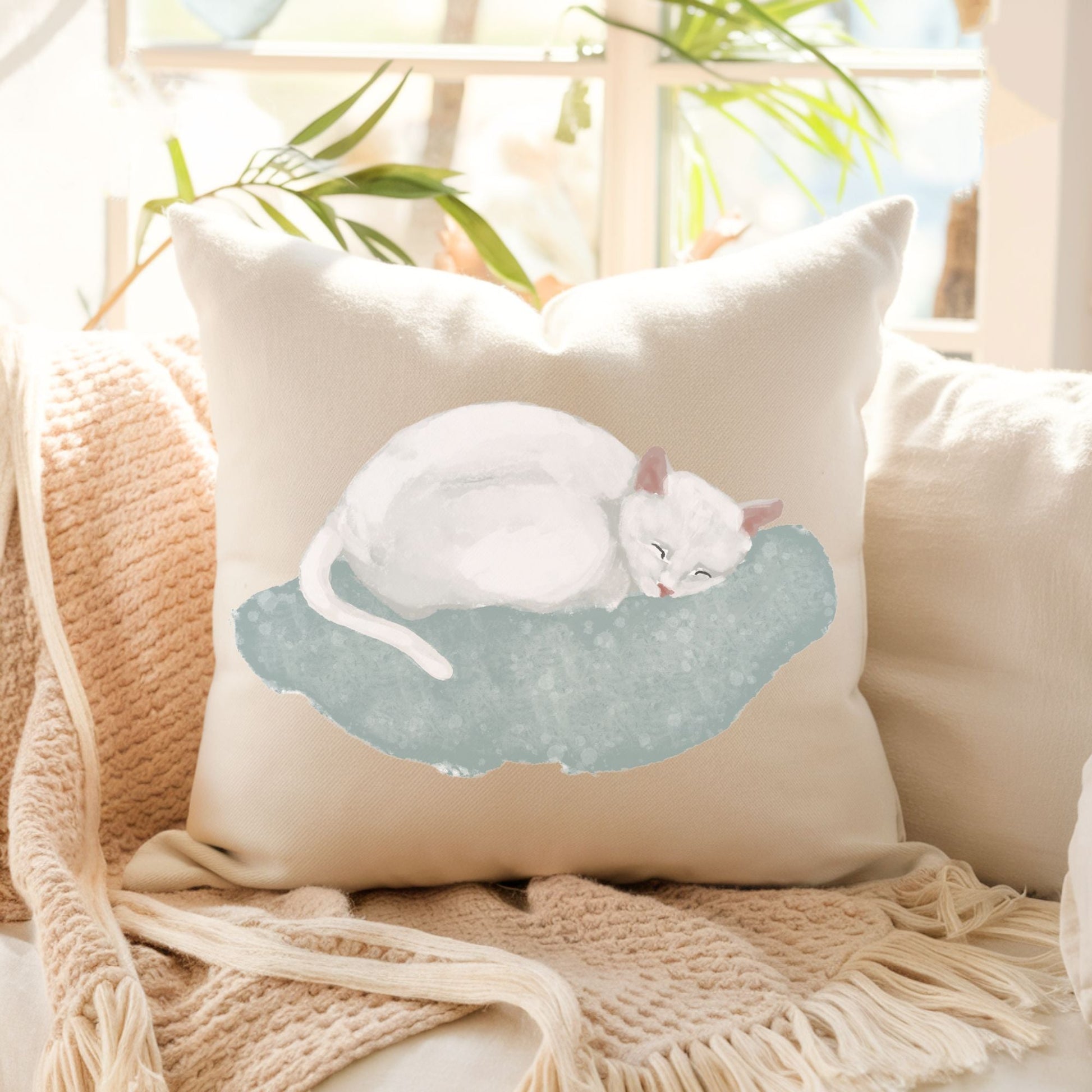 Sleeping White Cat Pillow - MerikaArt
