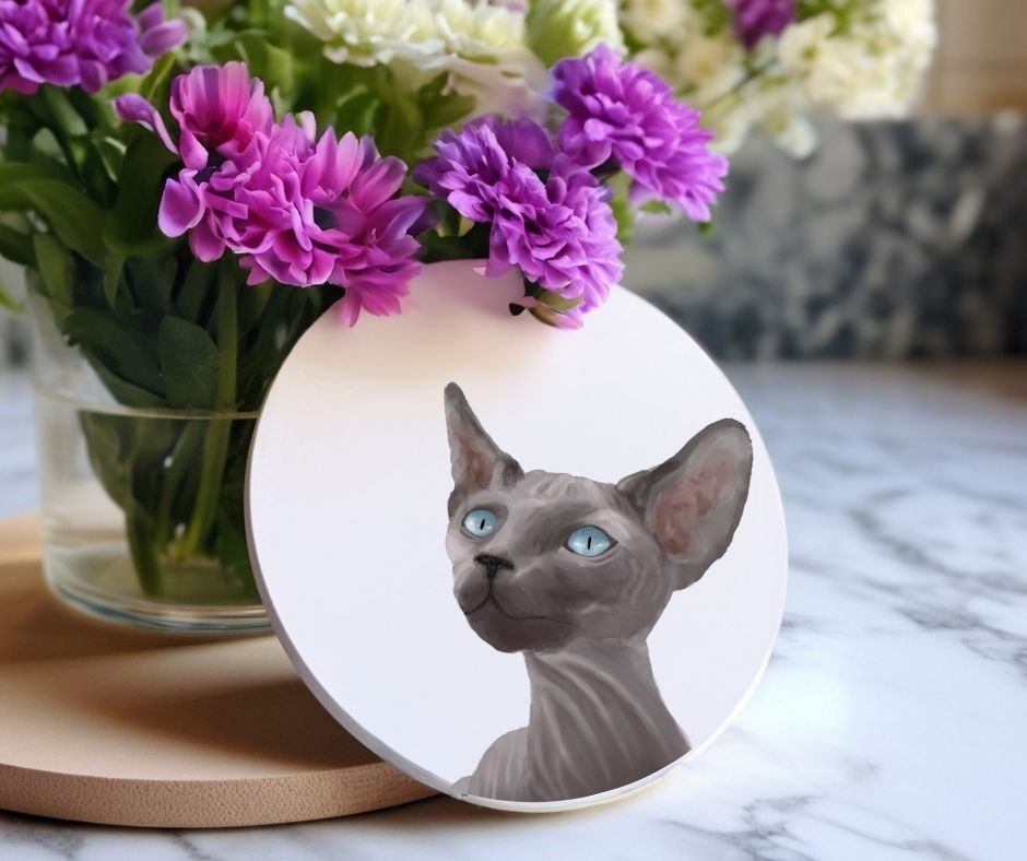 Sphynx Cat Portrait Ceramic Coaster - MerikaArt
