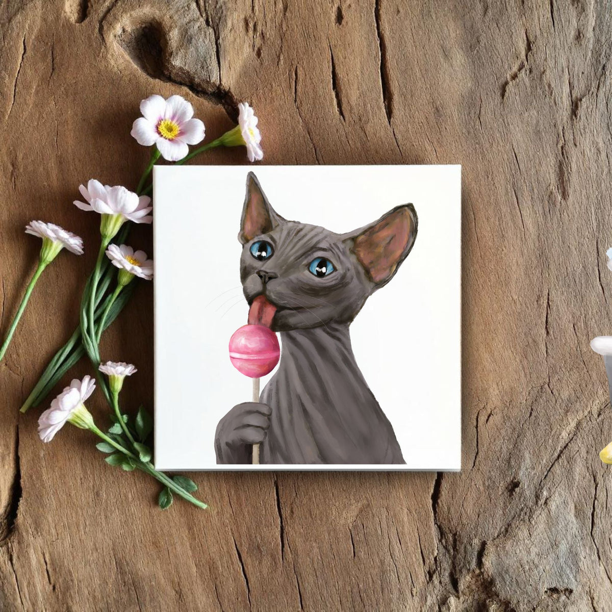 Sphynx Cat with Lollipop Ceramic Tile - MerikaArt
