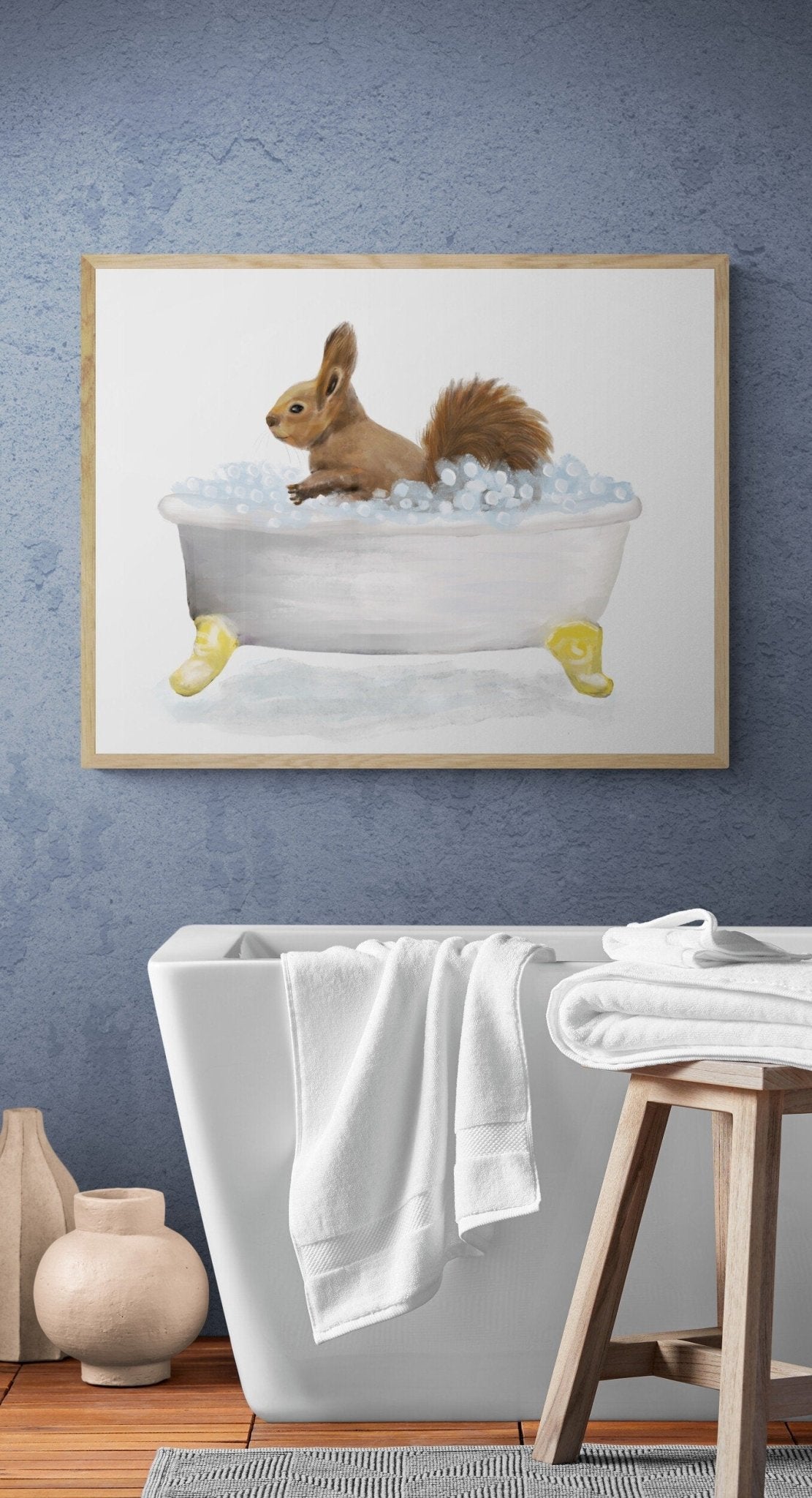 Squirrel Bathing Print, Animals In Bathtub, Bathroom Wall Art, Memorial Painting, Squirrel Relaxing In Bath Artwork, Animal Lover - MerikaArt