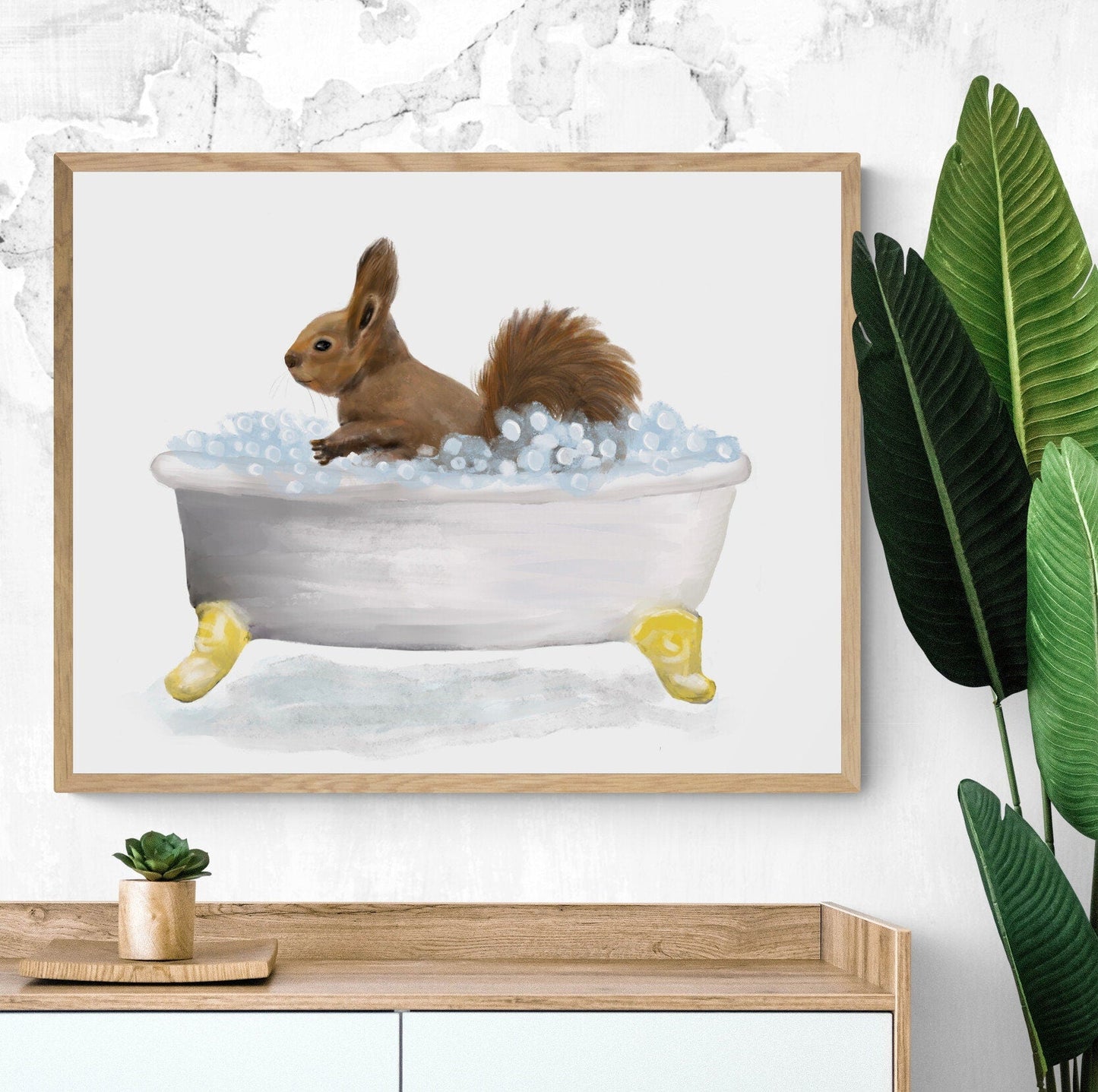 Squirrel Bathing Print, Animals In Bathtub, Bathroom Wall Art, Memorial Painting, Squirrel Relaxing In Bath Artwork, Animal Lover - MerikaArt
