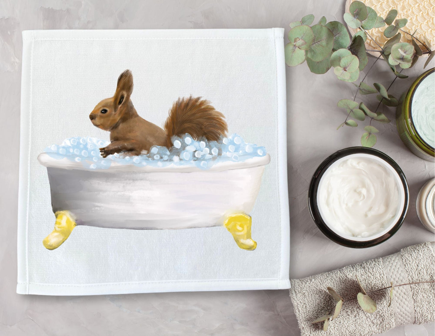 Squirrel in Bathtub Washcloth - MerikaArt
