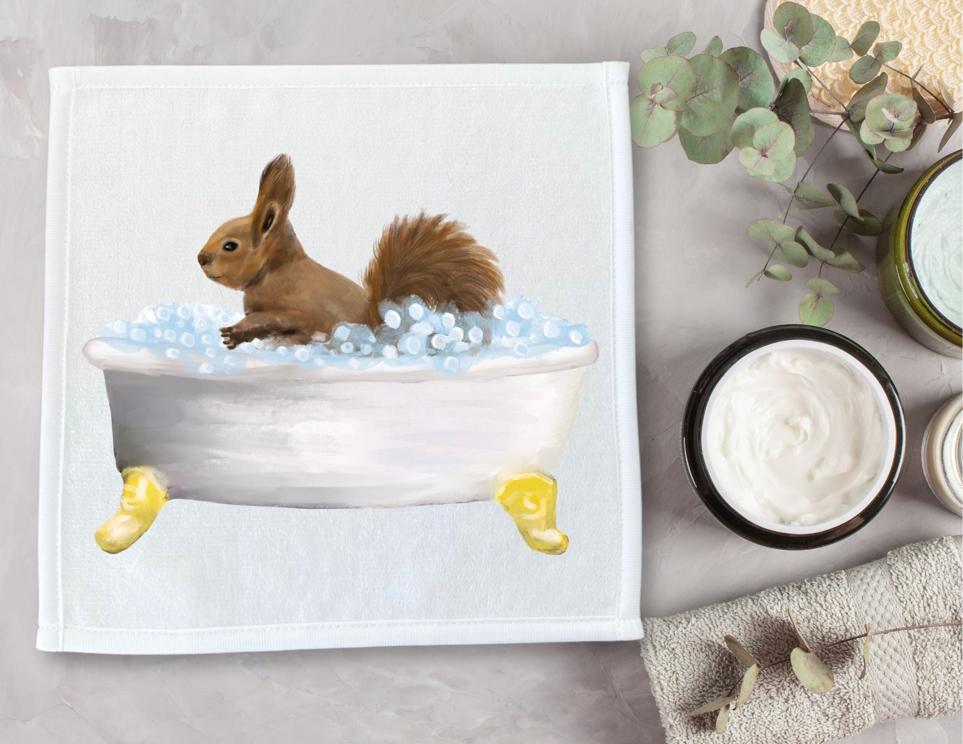 Squirrel in Bathtub Washcloth - MerikaArt