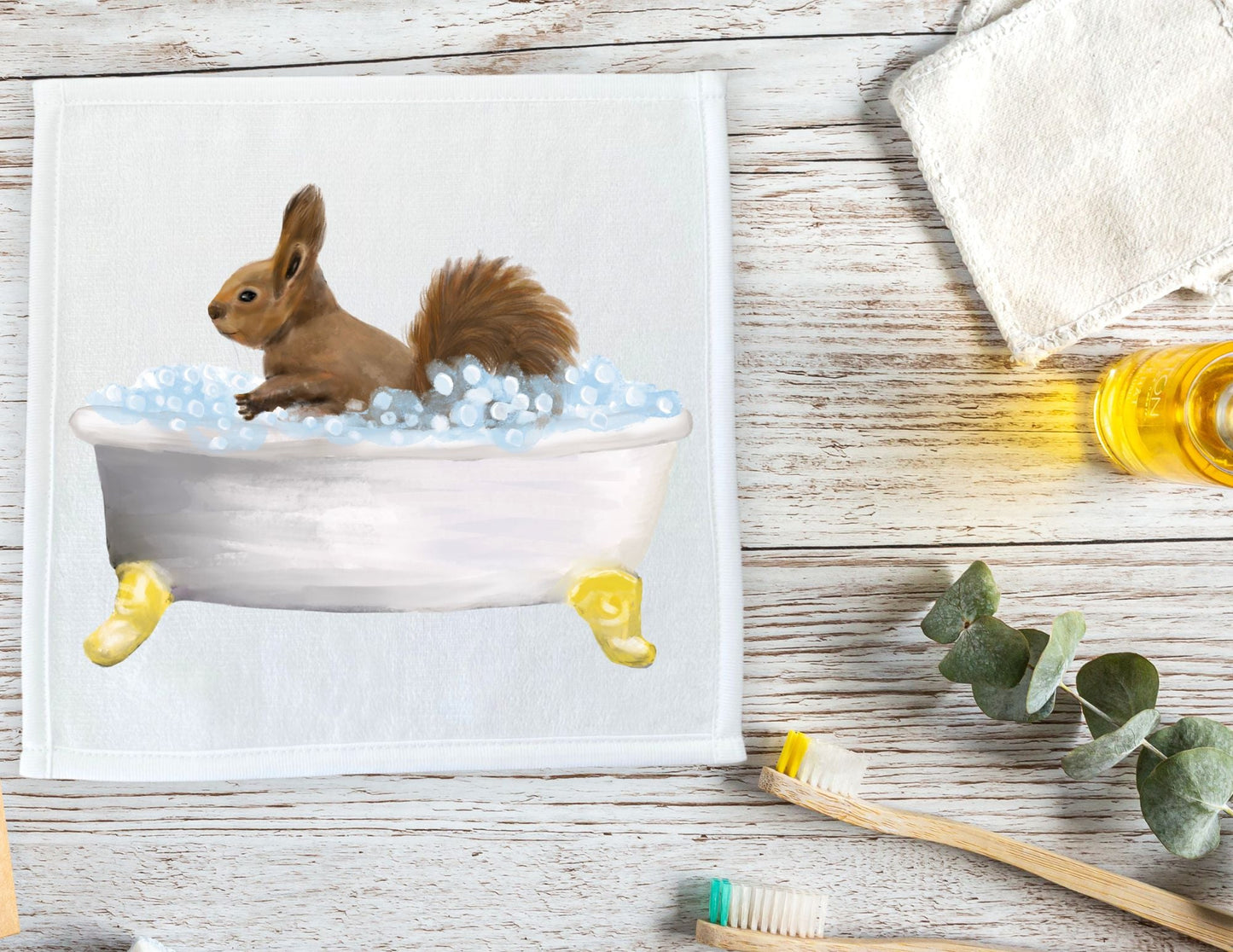 Squirrel in Bathtub Washcloth - MerikaArt