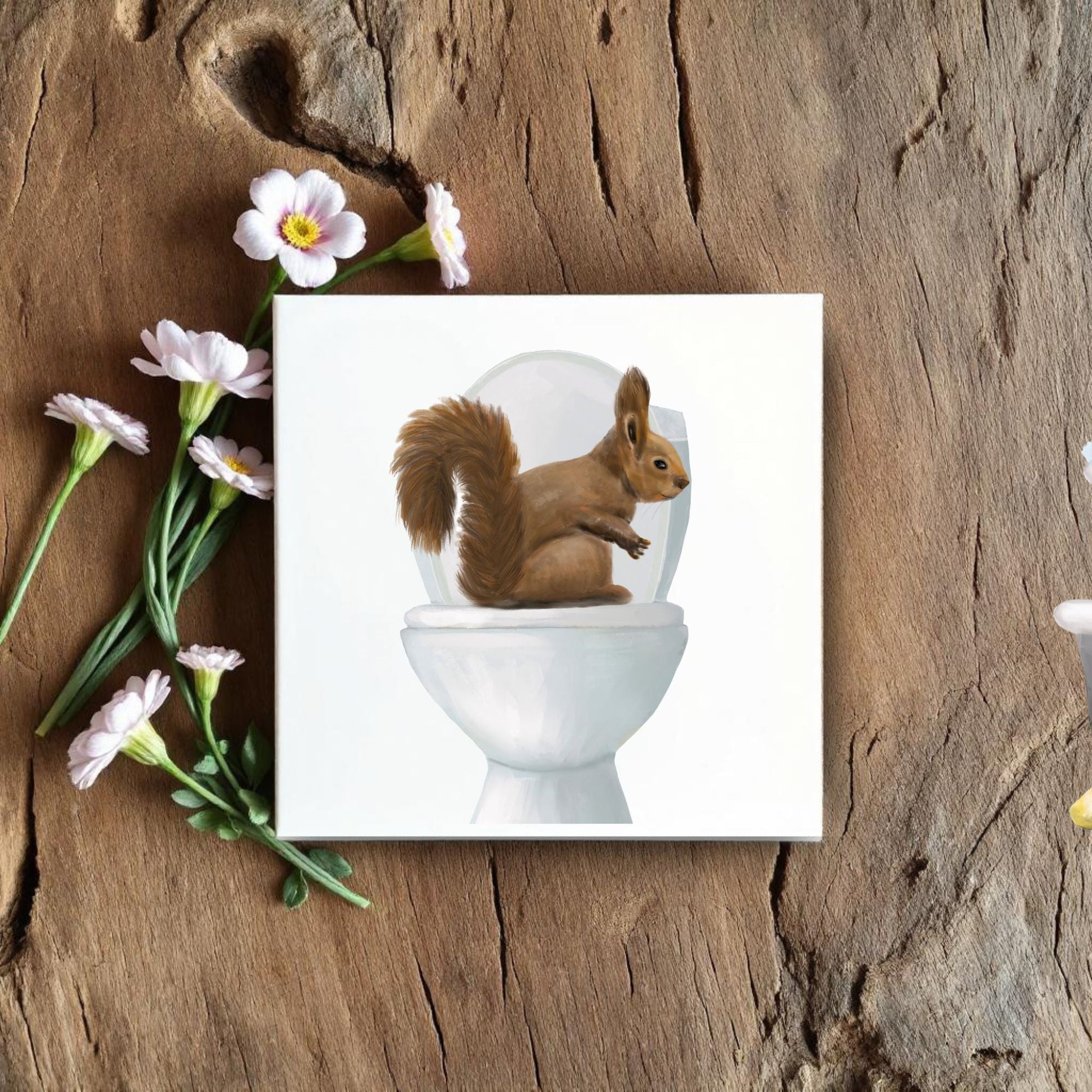 Squirrel on Toilet Ceramic Tile – Handcrafted Whimsical Decor - MerikaArt