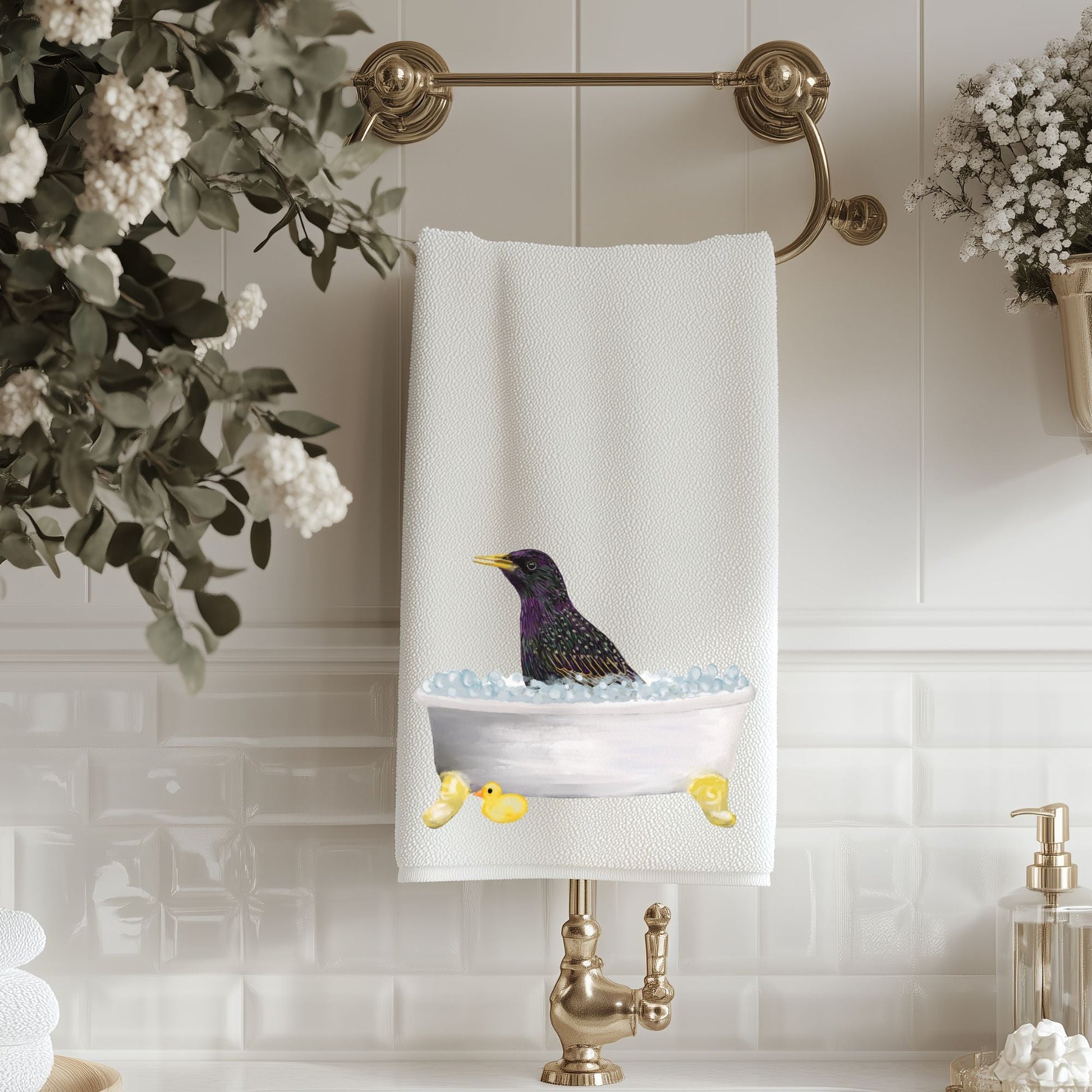 Starling in Bathtub Bathroom Towel - MerikaArt
