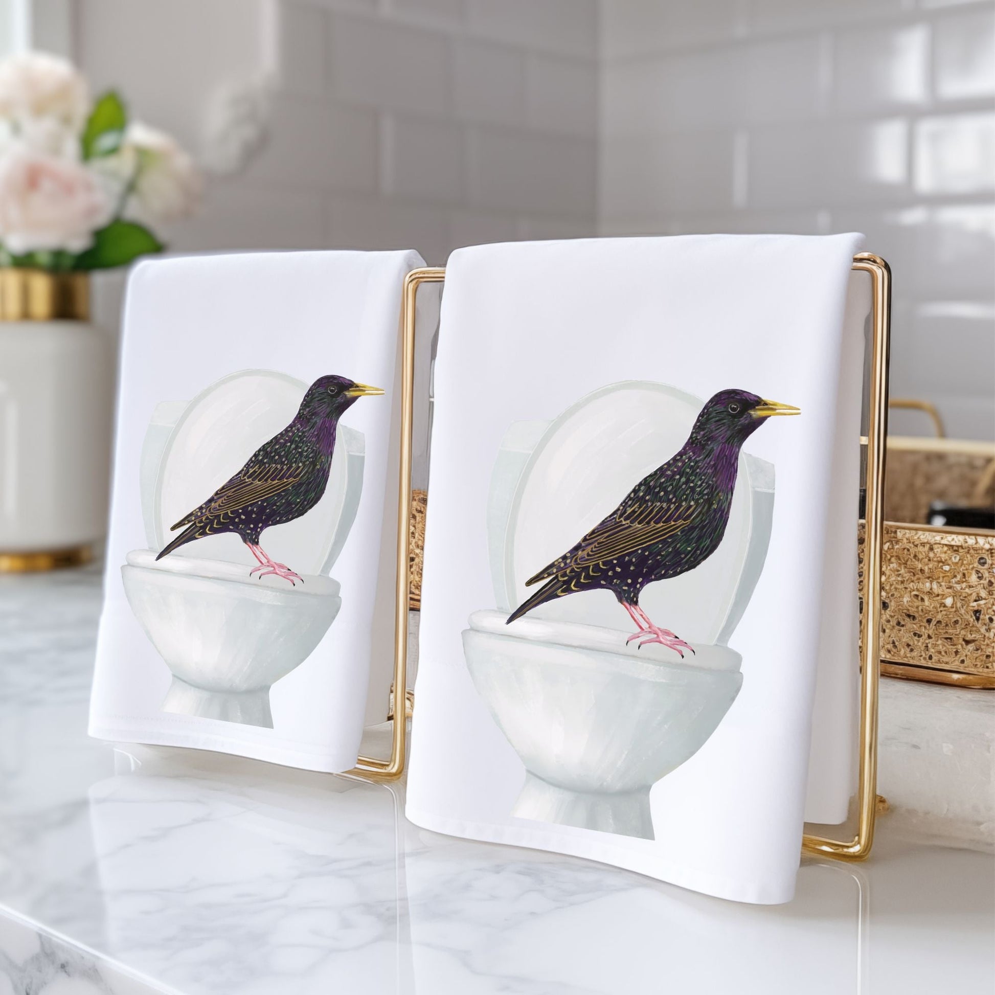 Starling on Toilet Bathroom Towel - MerikaArt