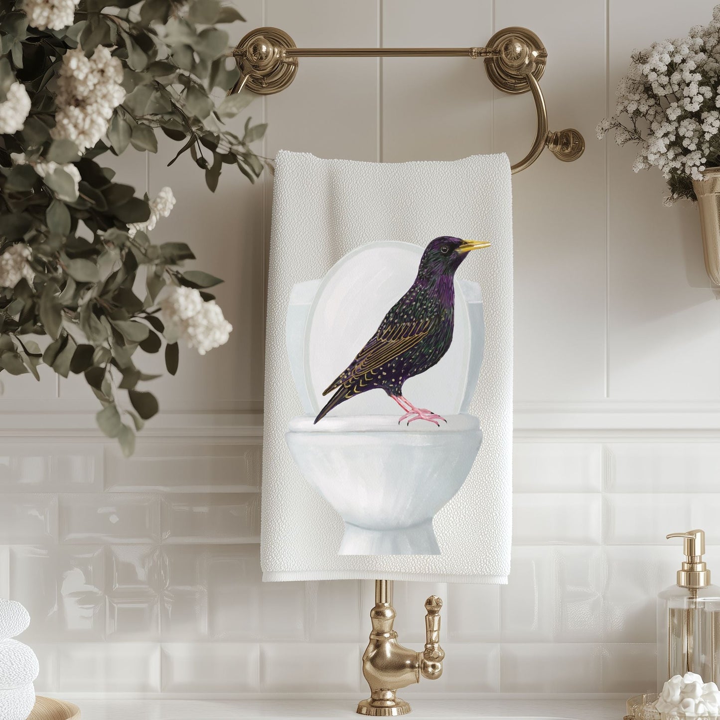 Starling on Toilet Bathroom Towel - MerikaArt