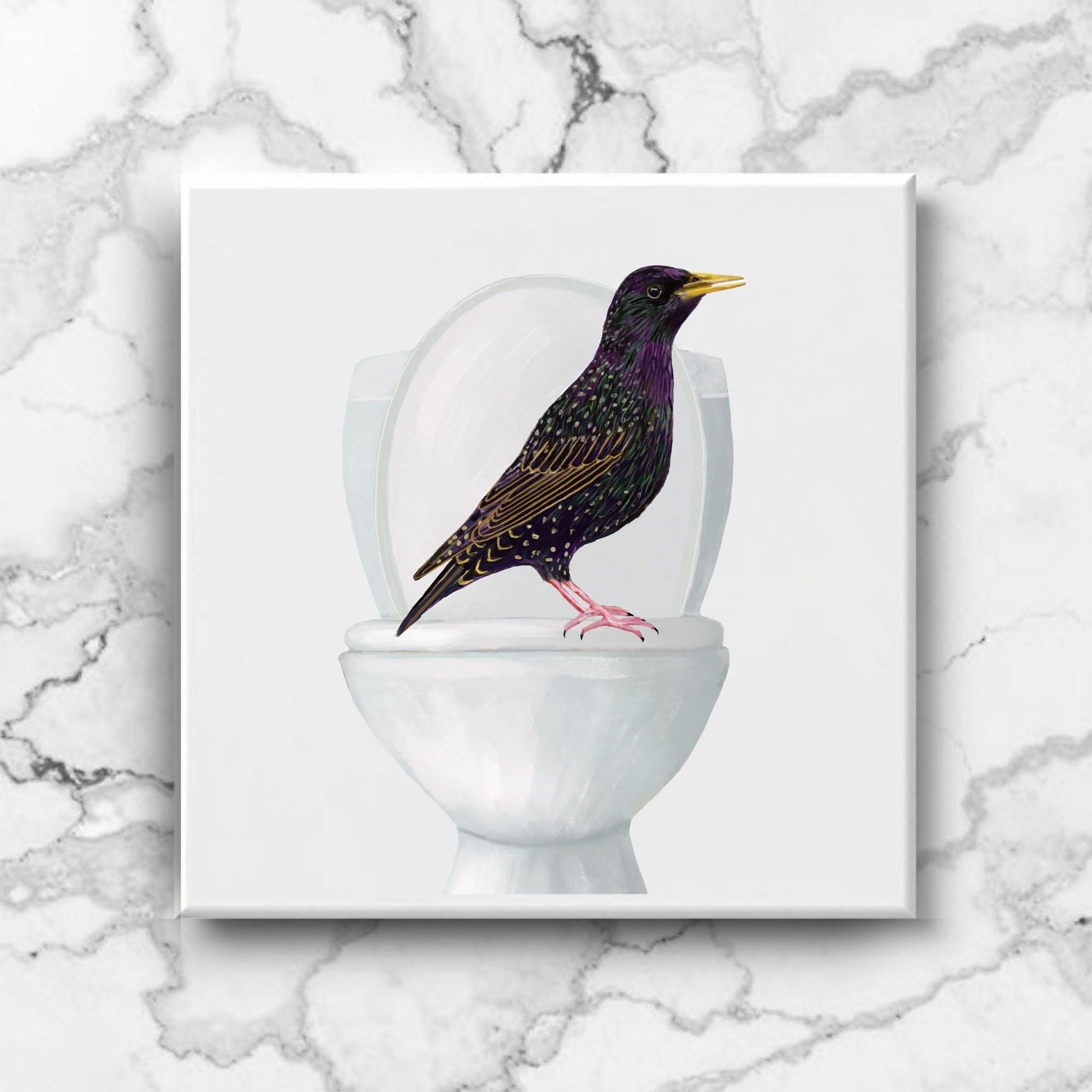 Starling on Toilet Ceramic Tile – Handcrafted Whimsical Bird Decor - MerikaArt