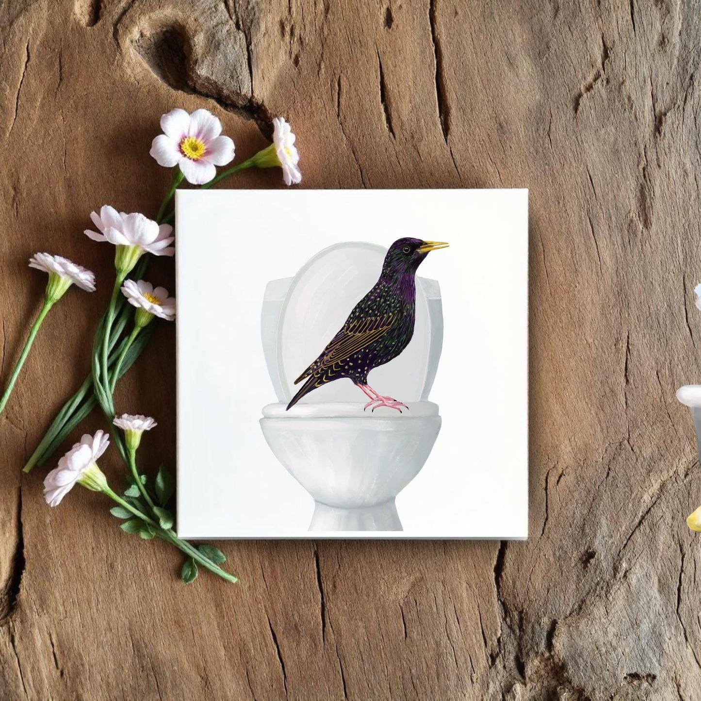 Starling on Toilet Ceramic Tile – Handcrafted Whimsical Bird Decor - MerikaArt