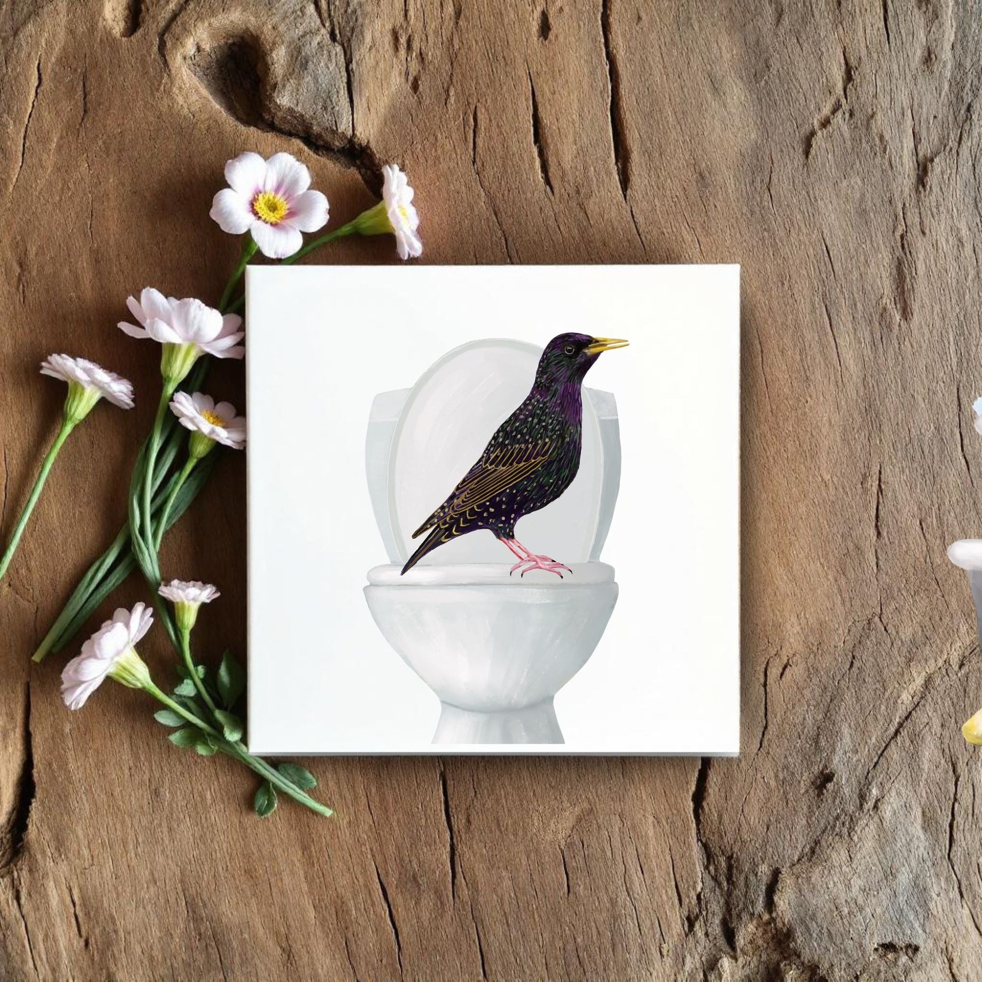 Starling on Toilet Ceramic Tile – Handcrafted Whimsical Bird Decor - MerikaArt