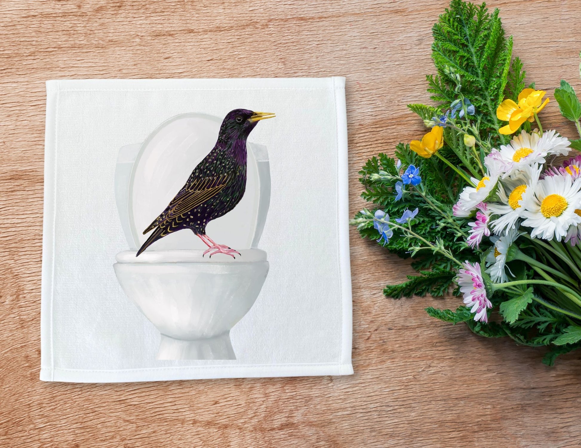 Starling on Toilet Washcloth - MerikaArt