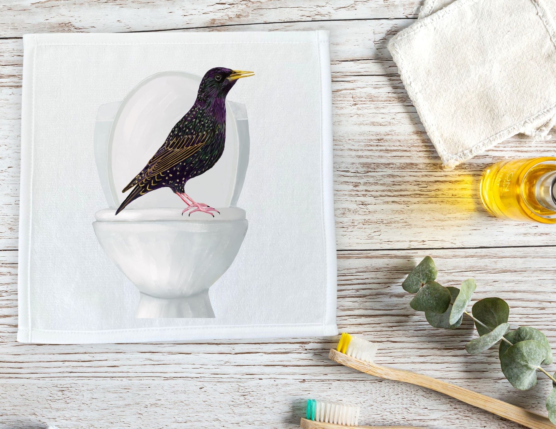 Starling on Toilet Washcloth - MerikaArt