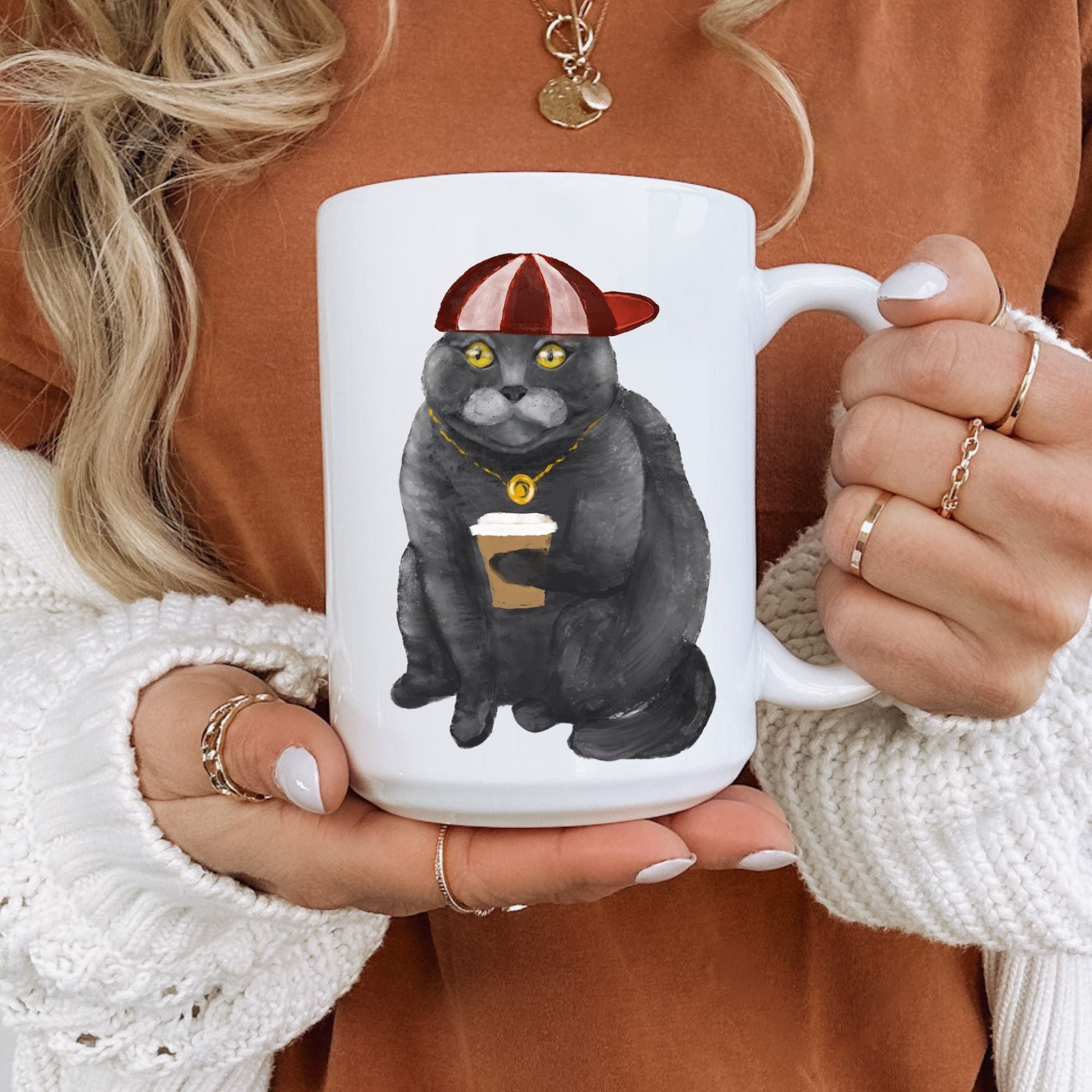 Stylish Cat with Coffee Ceramic Coffee Mug - MerikaArt