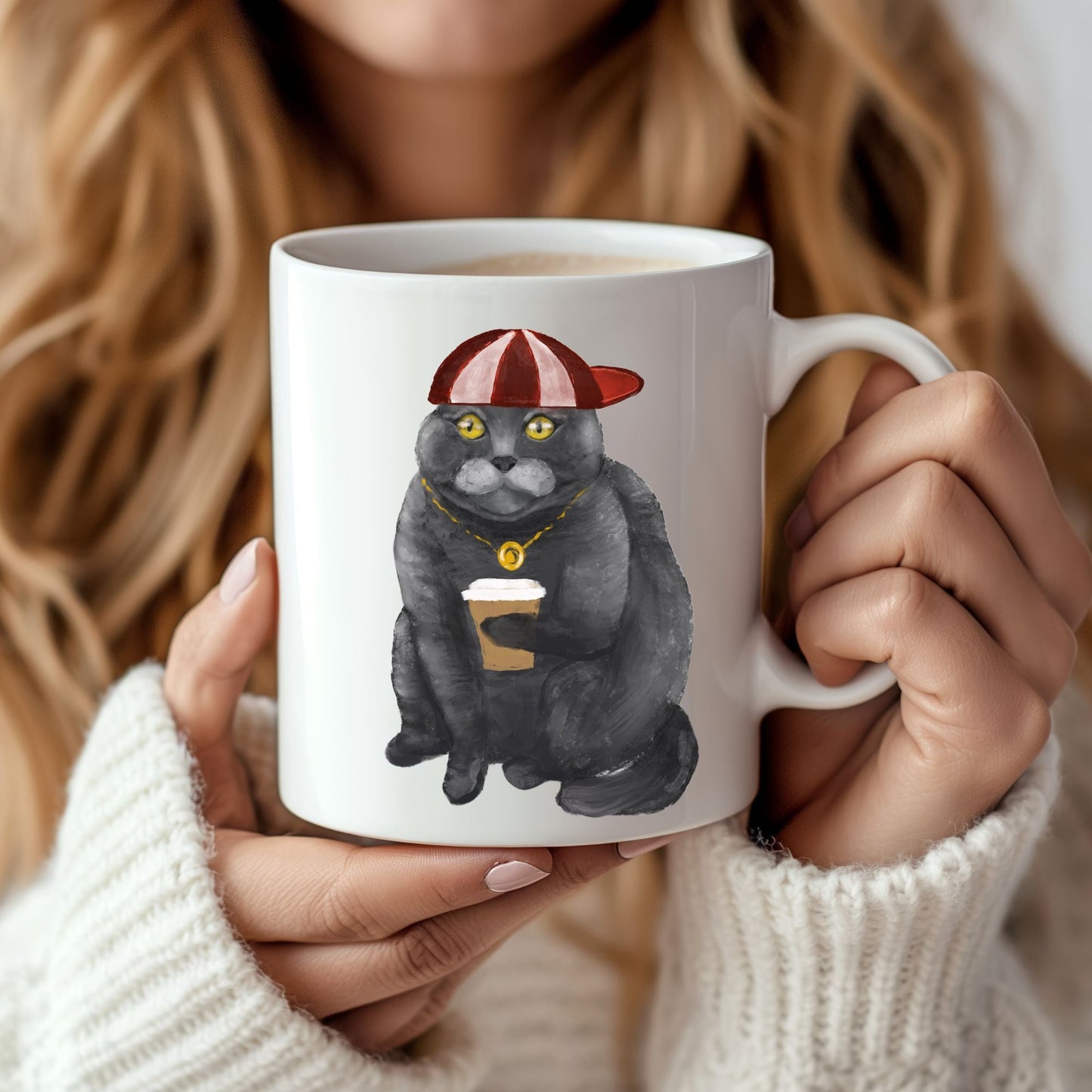 Stylish Cat with Coffee Ceramic Coffee Mug - MerikaArt