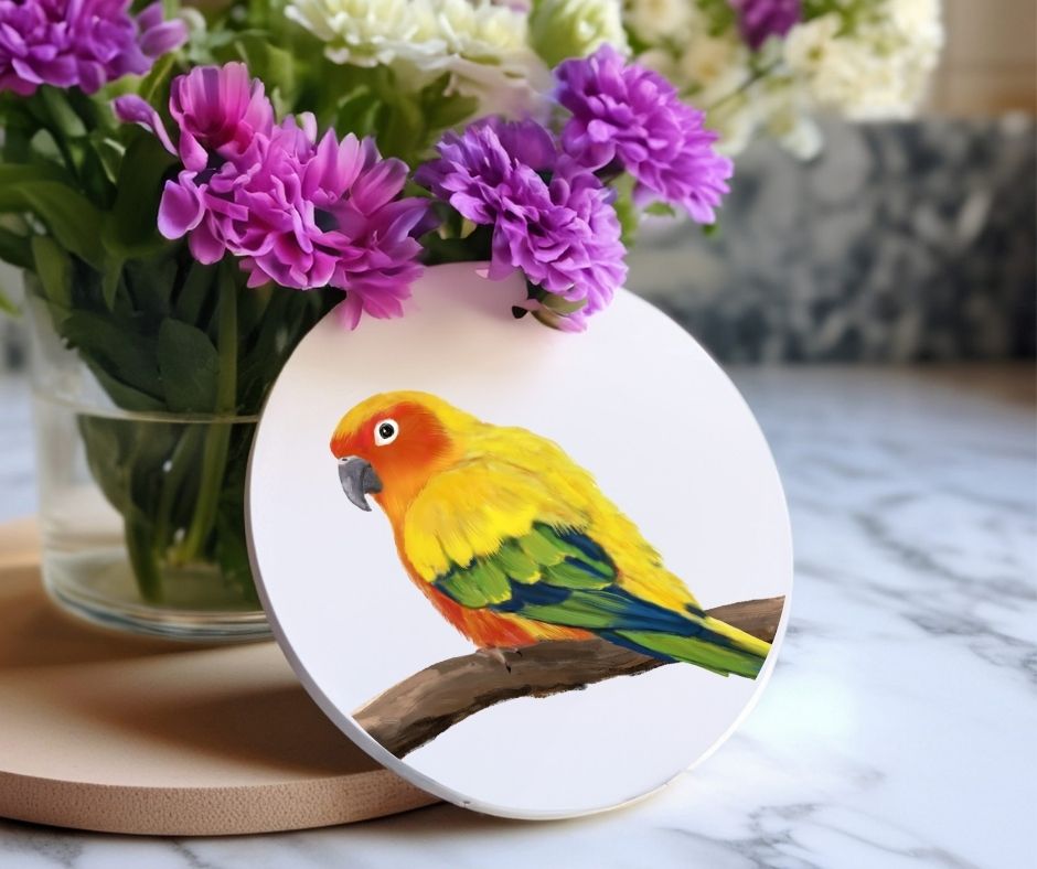 Sun Conure Parrot Ceramic Coaster - MerikaArt