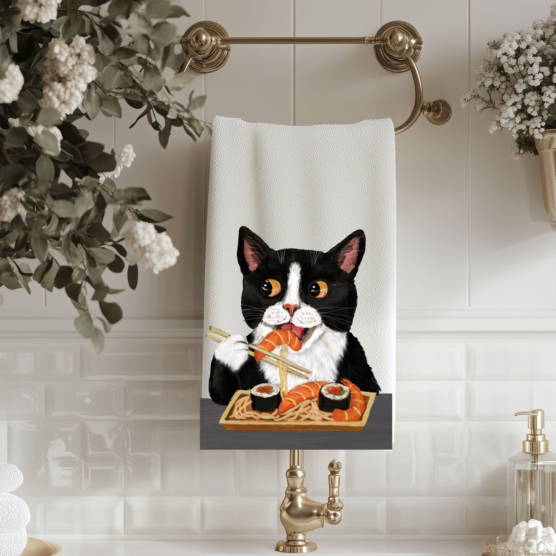 Sushi Tuxedo Cat Bathroom Towel - MerikaArt