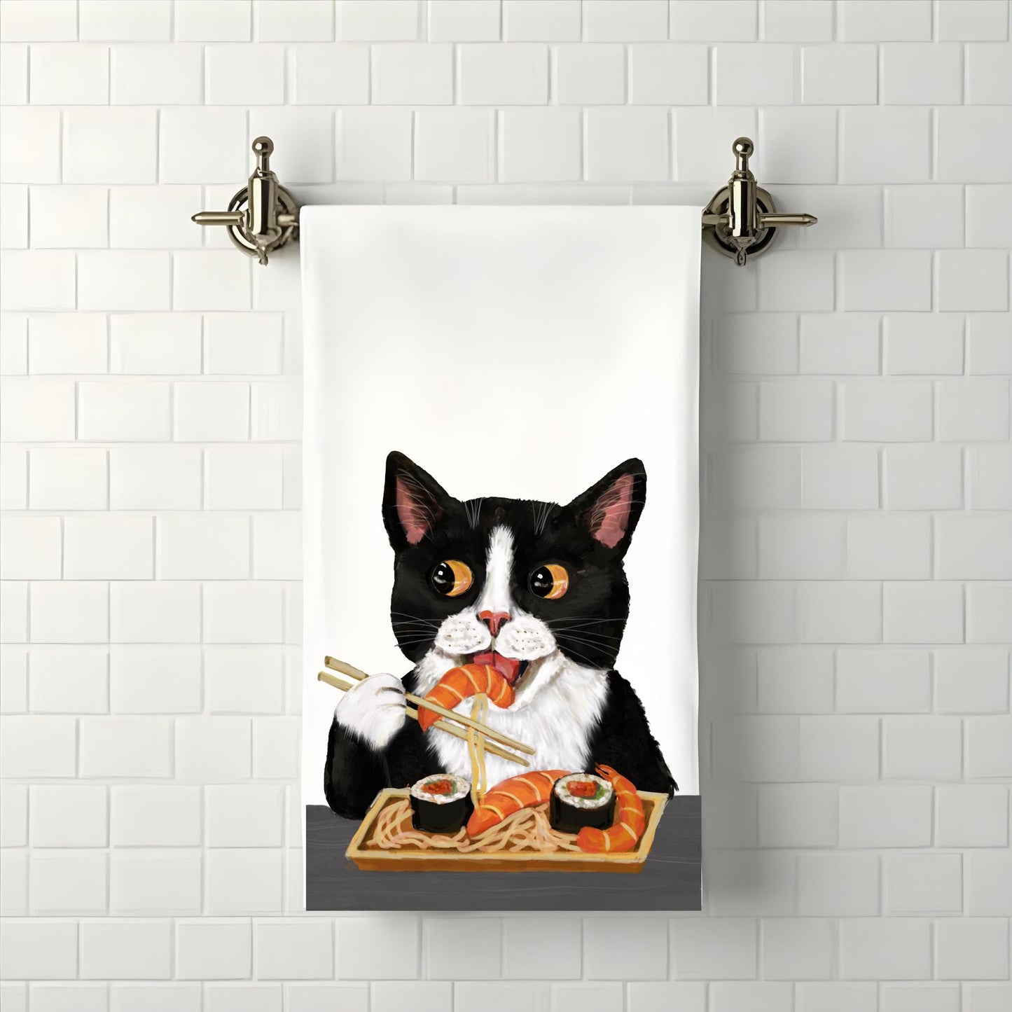 Sushi Tuxedo Cat Bathroom Towel - MerikaArt