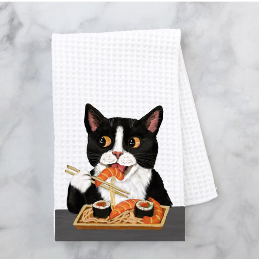 Sushi Tuxedo Cat Waffle Weave Kitchen Towel - MerikaArt