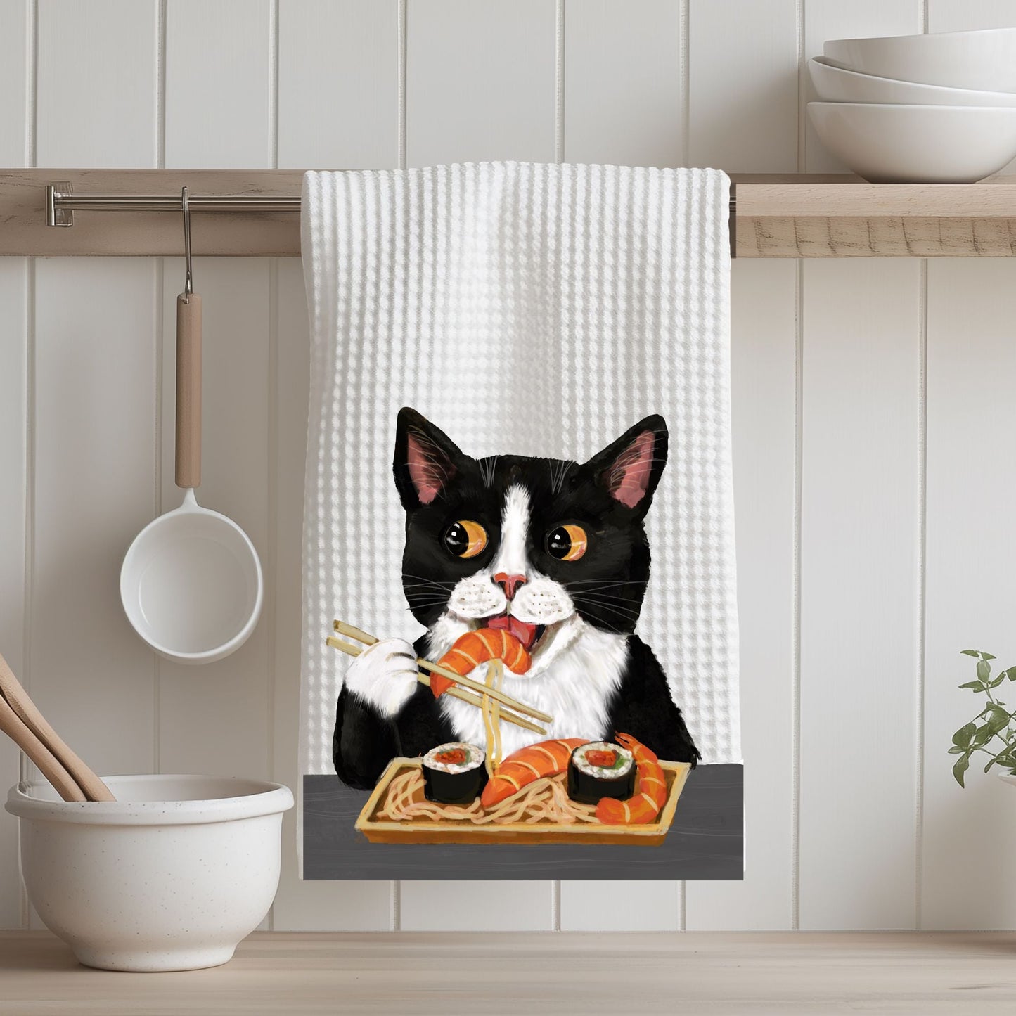 Sushi Tuxedo Cat Waffle Weave Kitchen Towel - MerikaArt