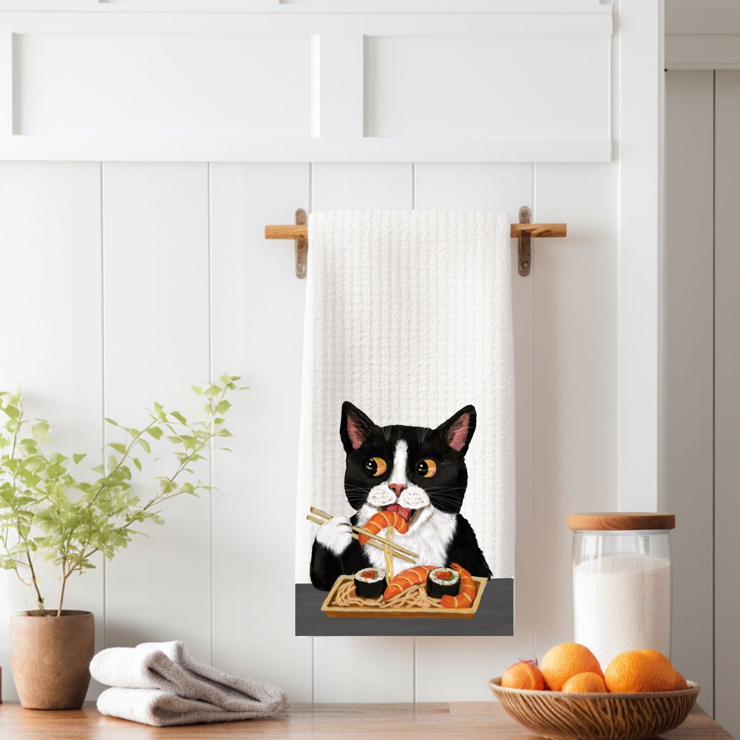 Sushi Tuxedo Cat Waffle Weave Kitchen Towel - MerikaArt