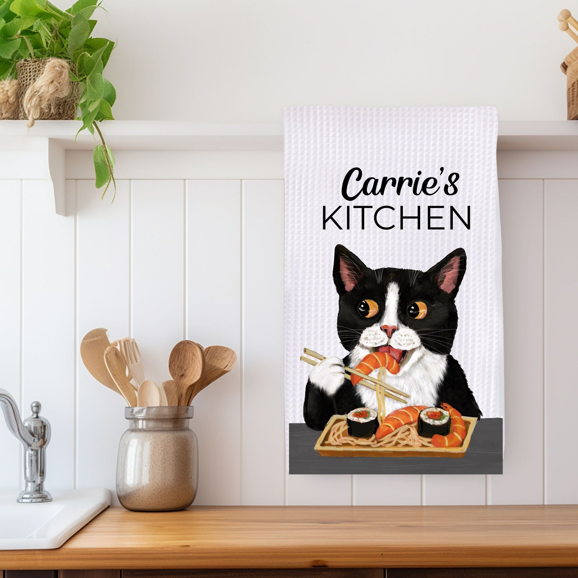 Sushi Tuxedo Cat Waffle Weave Kitchen Towel - MerikaArt