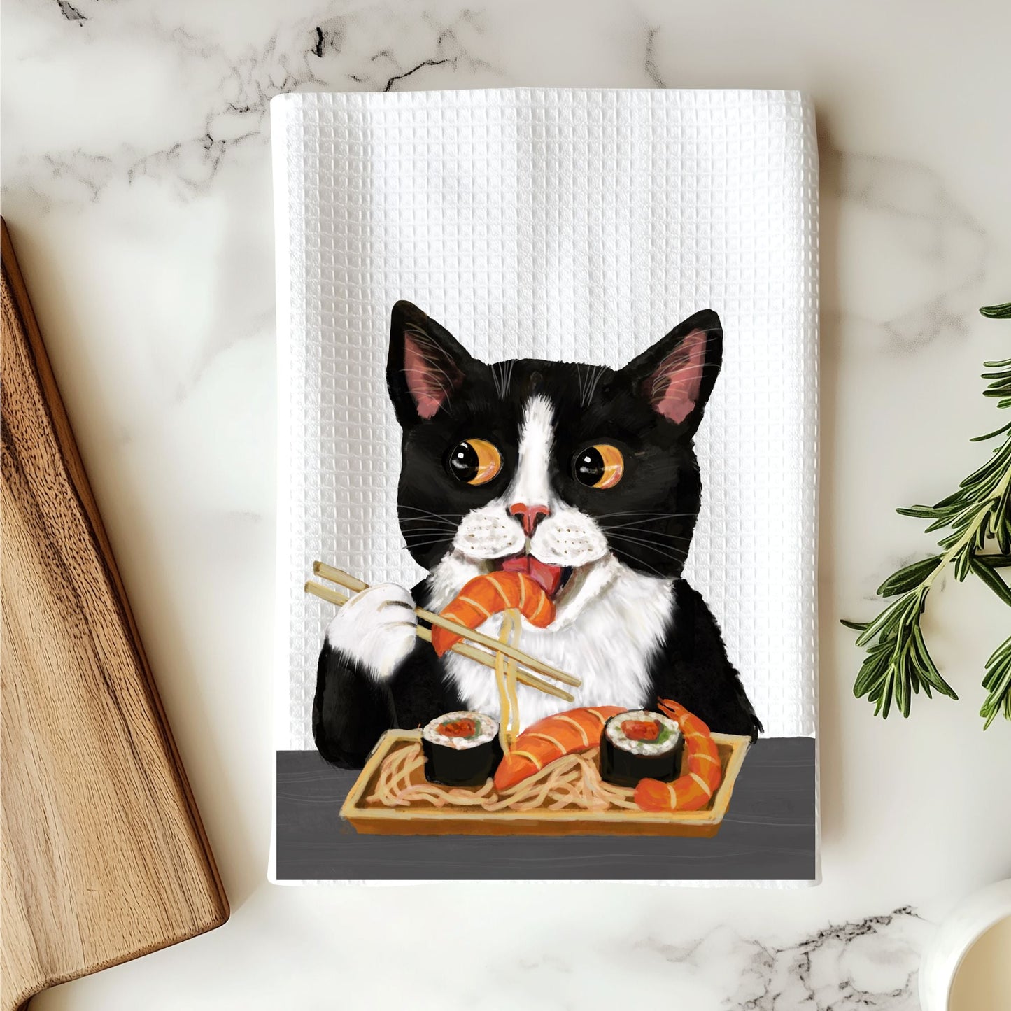Sushi Tuxedo Cat Waffle Weave Kitchen Towel - MerikaArt