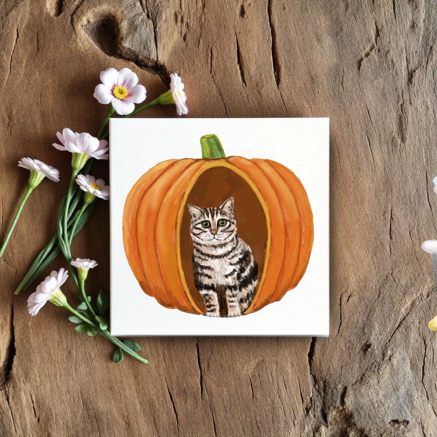 Tabby Cat in Pumpkin Illustration Ceramic Tile - MerikaArt