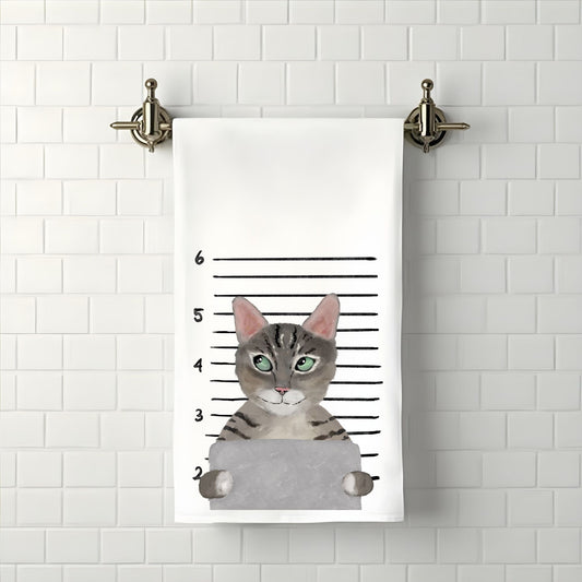 Tabby Cat Mugshot Bathroom Towel - MerikaArt