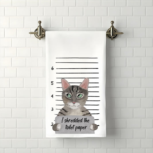 Tabby Cat Mugshot Bathroom Towel - MerikaArt
