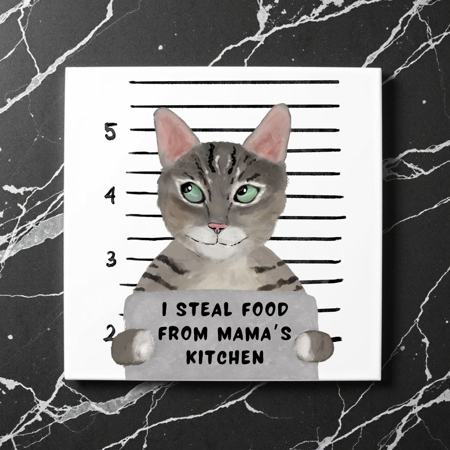 Tabby Cat Mugshot Ceramic Tile - MerikaArt