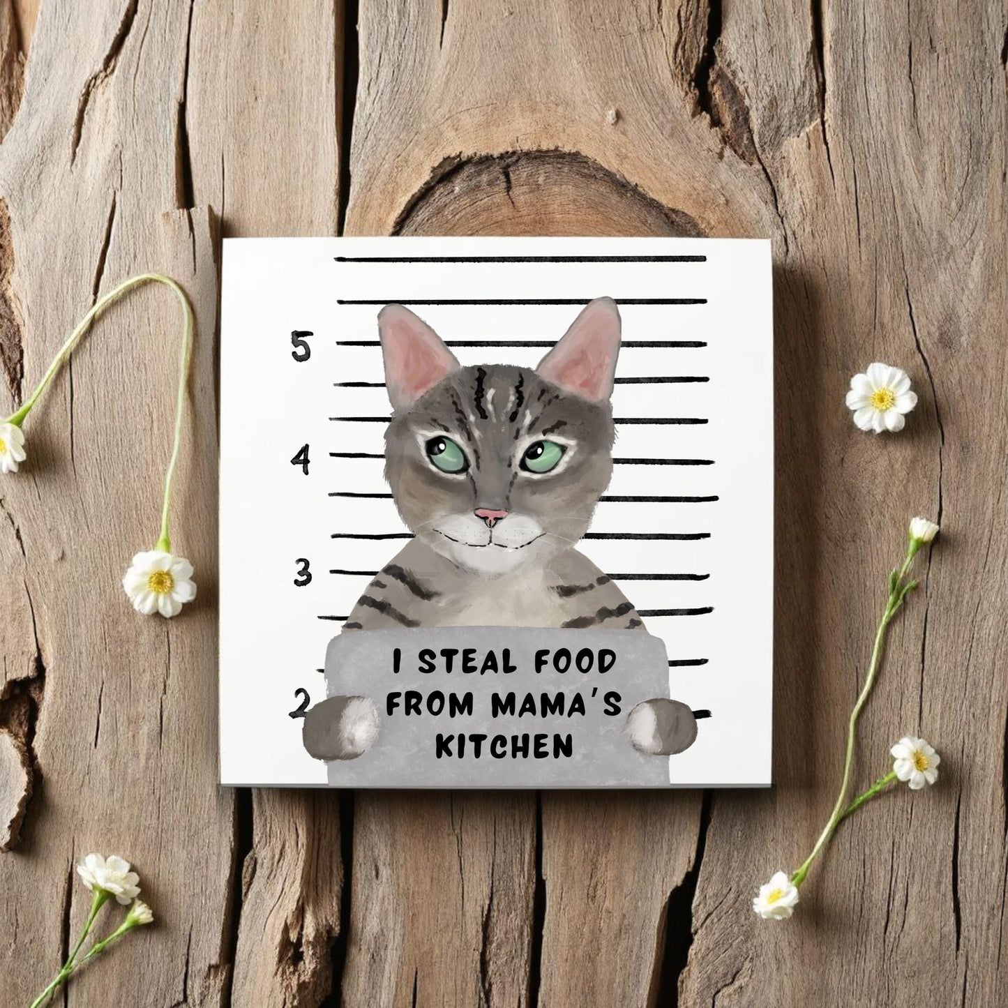 Tabby Cat Mugshot Ceramic Tile - MerikaArt