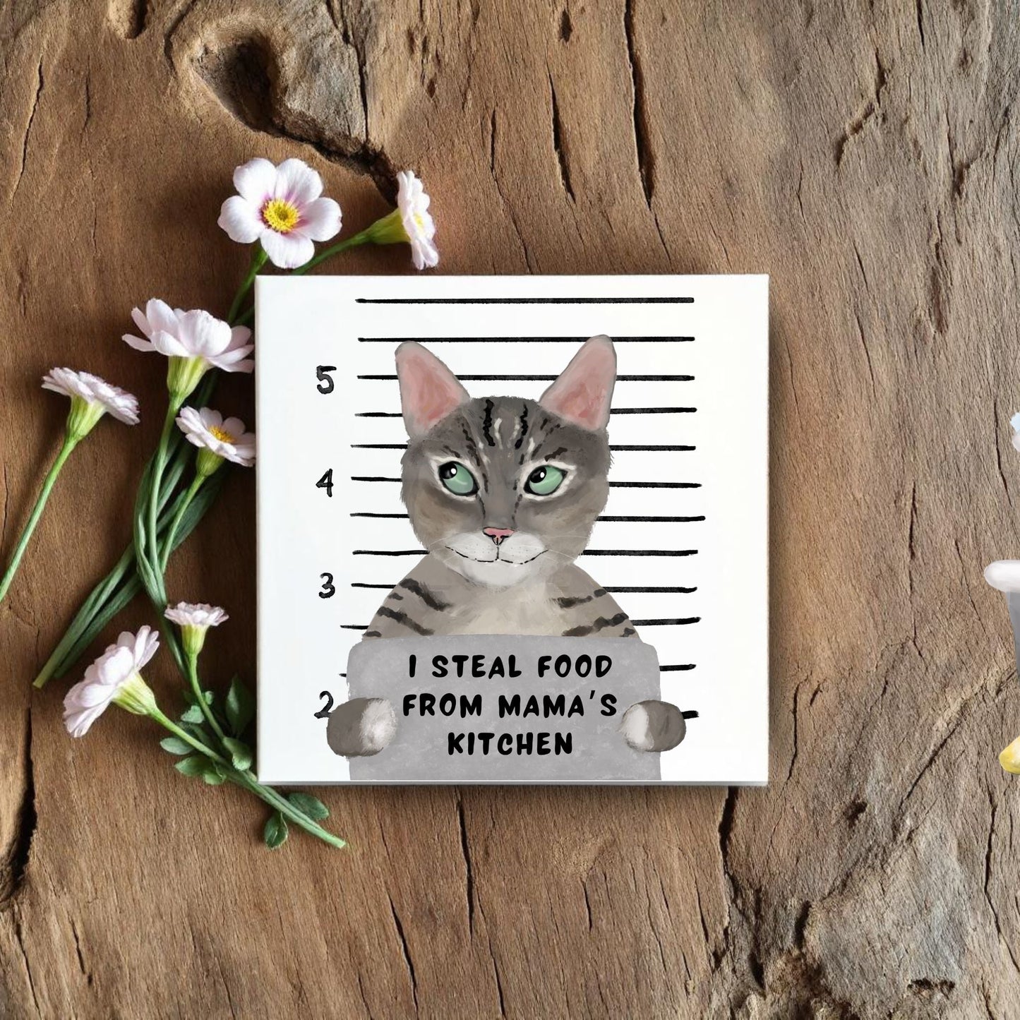 Tabby Cat Mugshot Ceramic Tile - MerikaArt