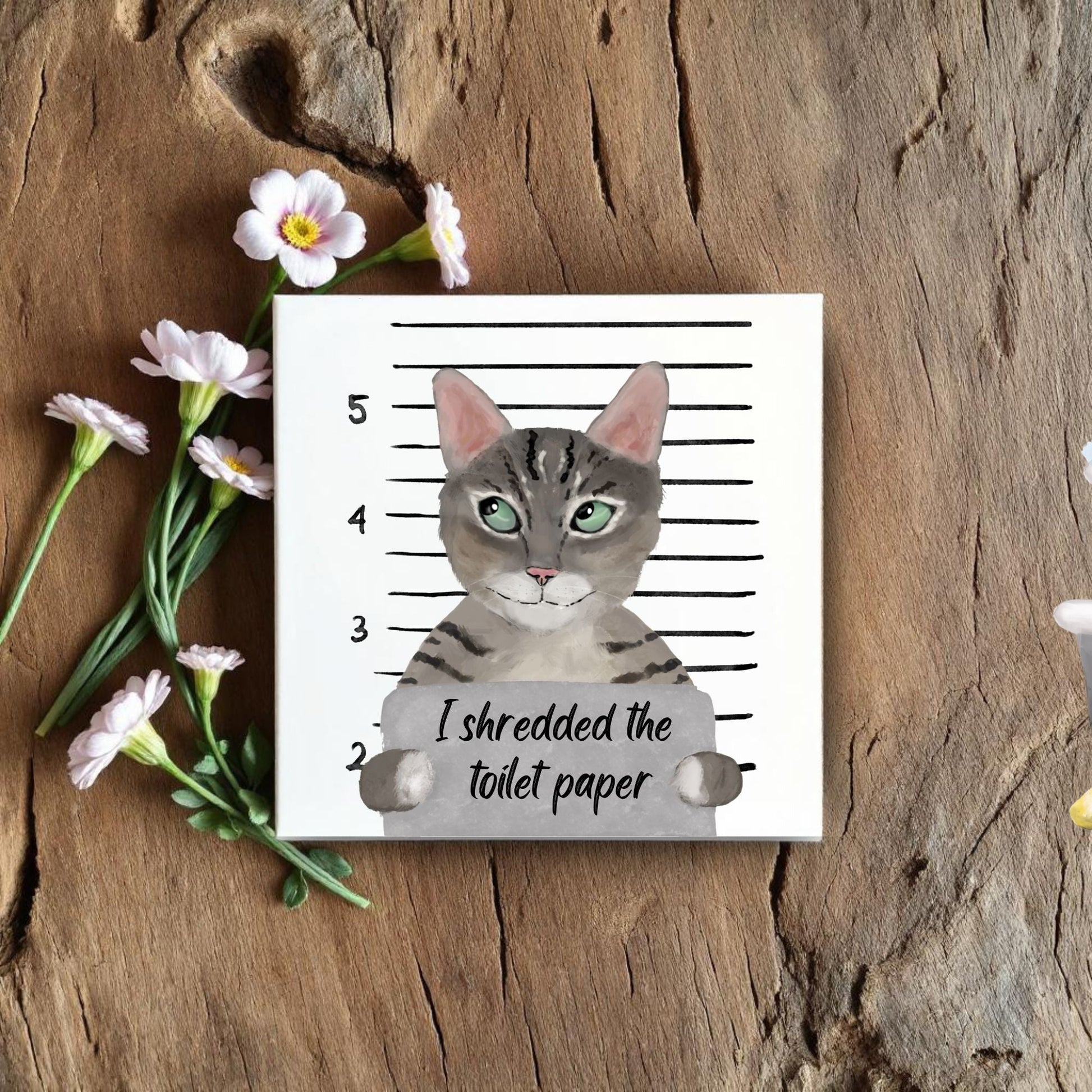 Tabby Cat Mugshot Ceramic Tile – Handcrafted Whimsical Pet Art Decor - MerikaArt
