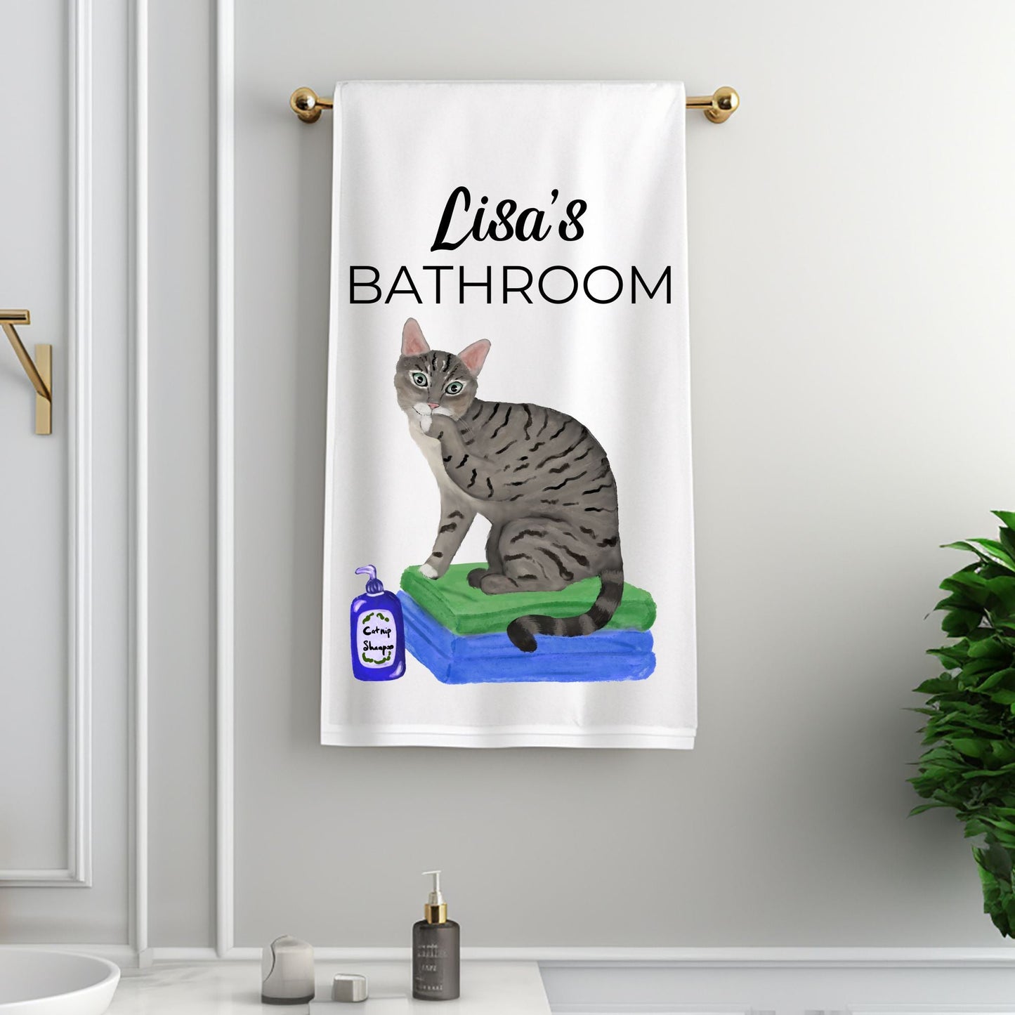Tabby Cat on Towels Bathroom Towel - MerikaArt
