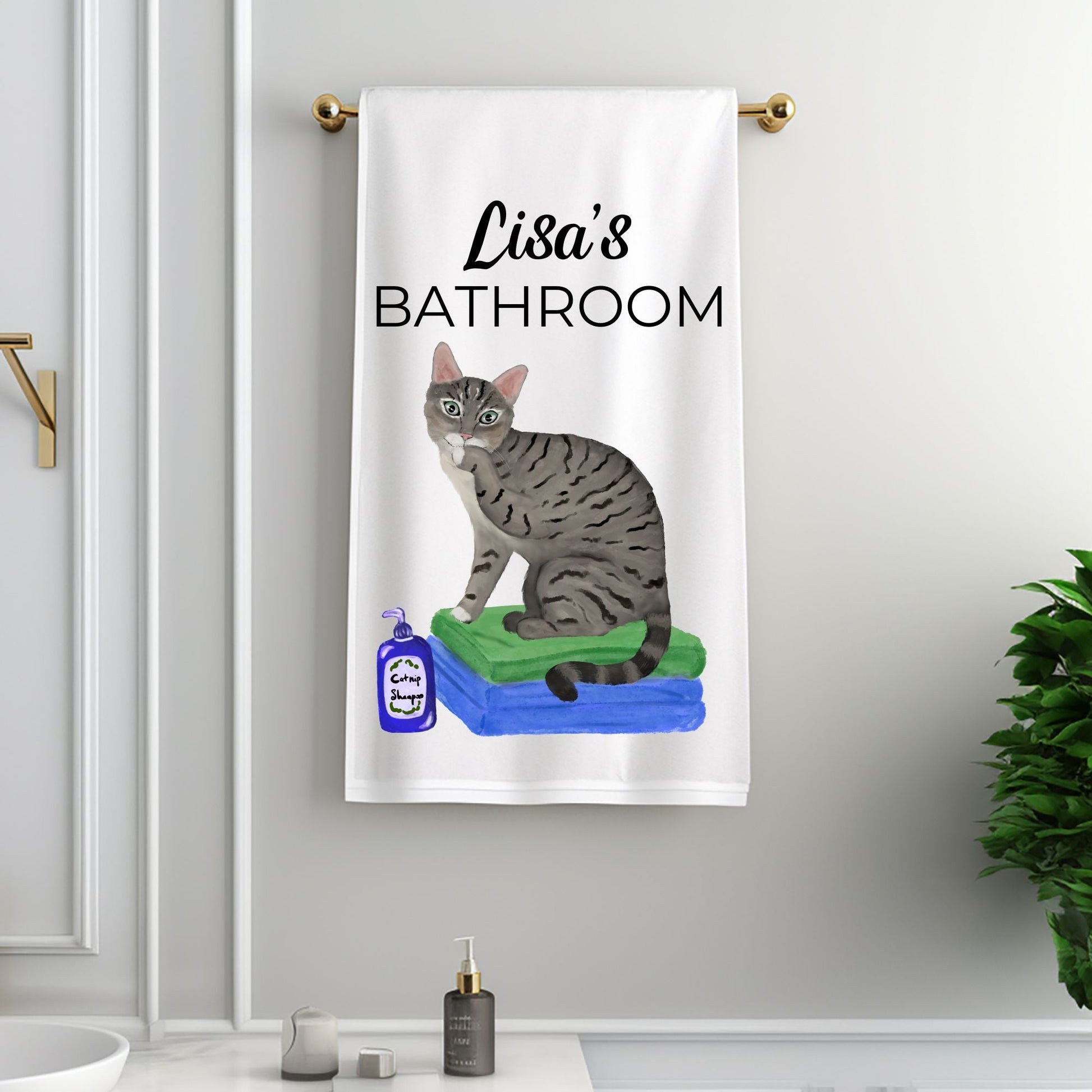 Tabby Cat on Towels Bathroom Towel - MerikaArt