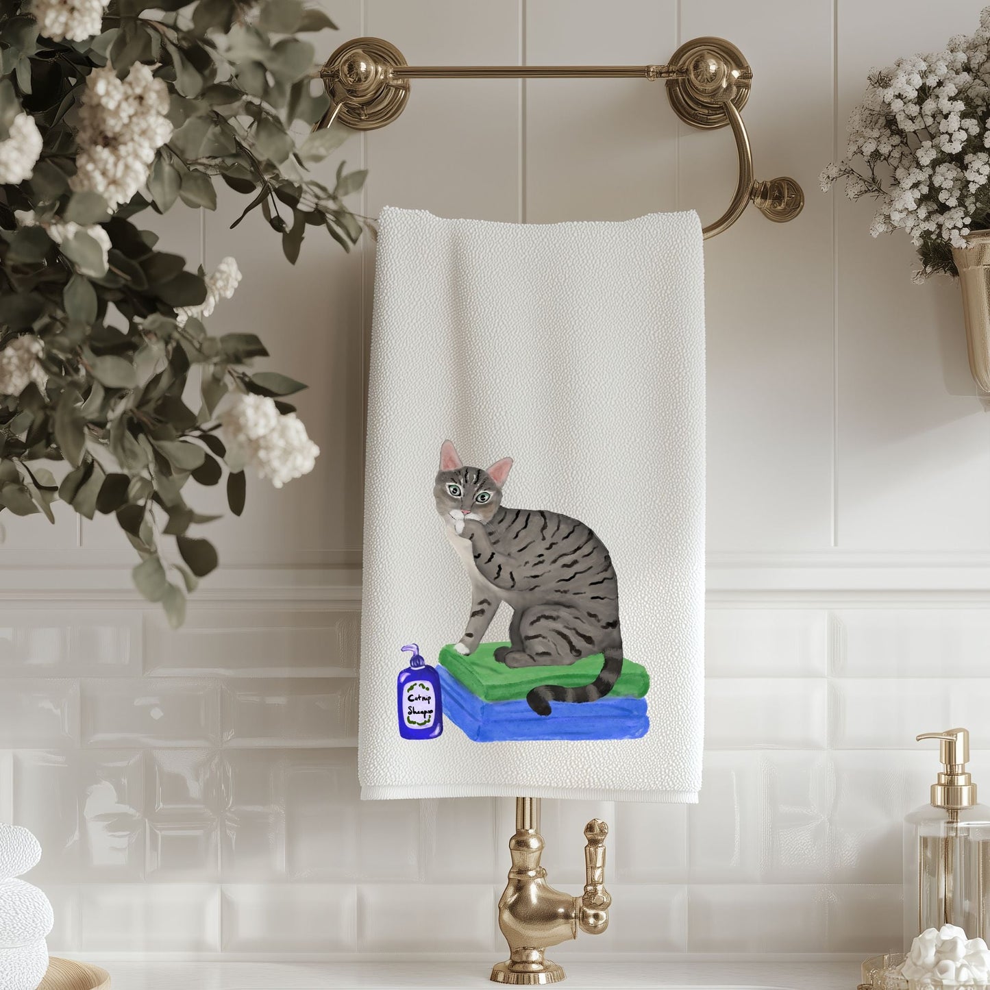 Tabby Cat on Towels Bathroom Towel - MerikaArt