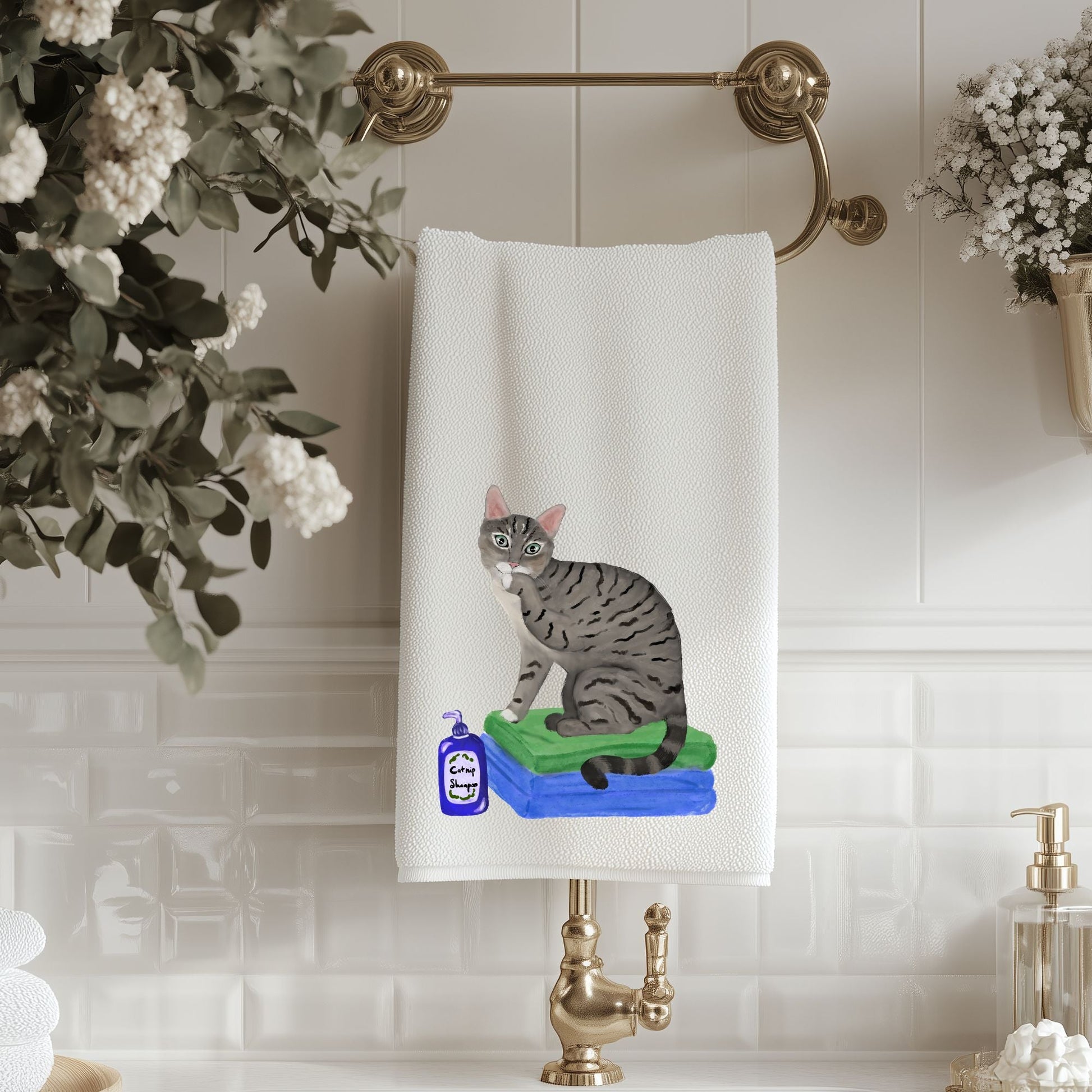 Tabby Cat on Towels Bathroom Towel - MerikaArt