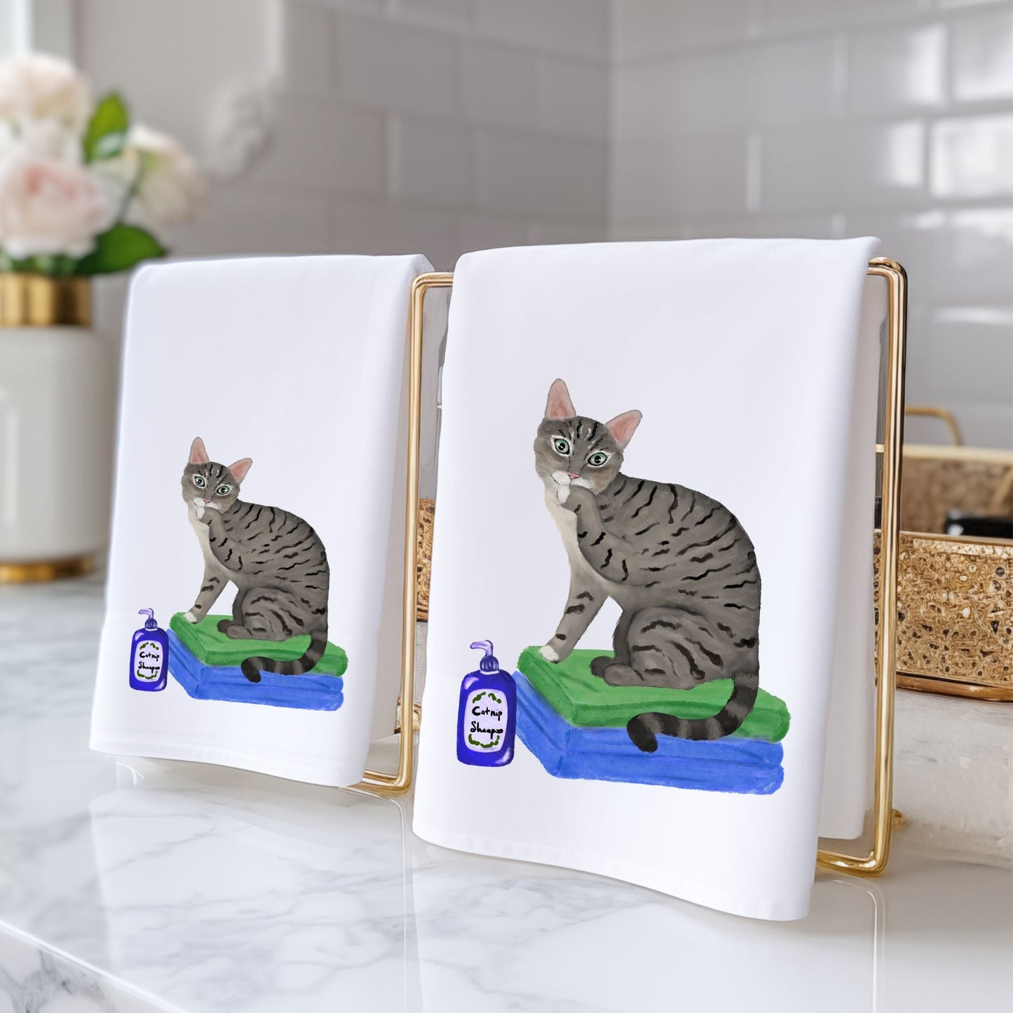 Tabby Cat on Towels Bathroom Towel - MerikaArt
