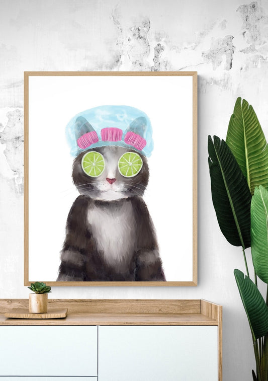 Tabby Cat Spa Day – Relaxing and Playful Cat Art Print - MerikaArt