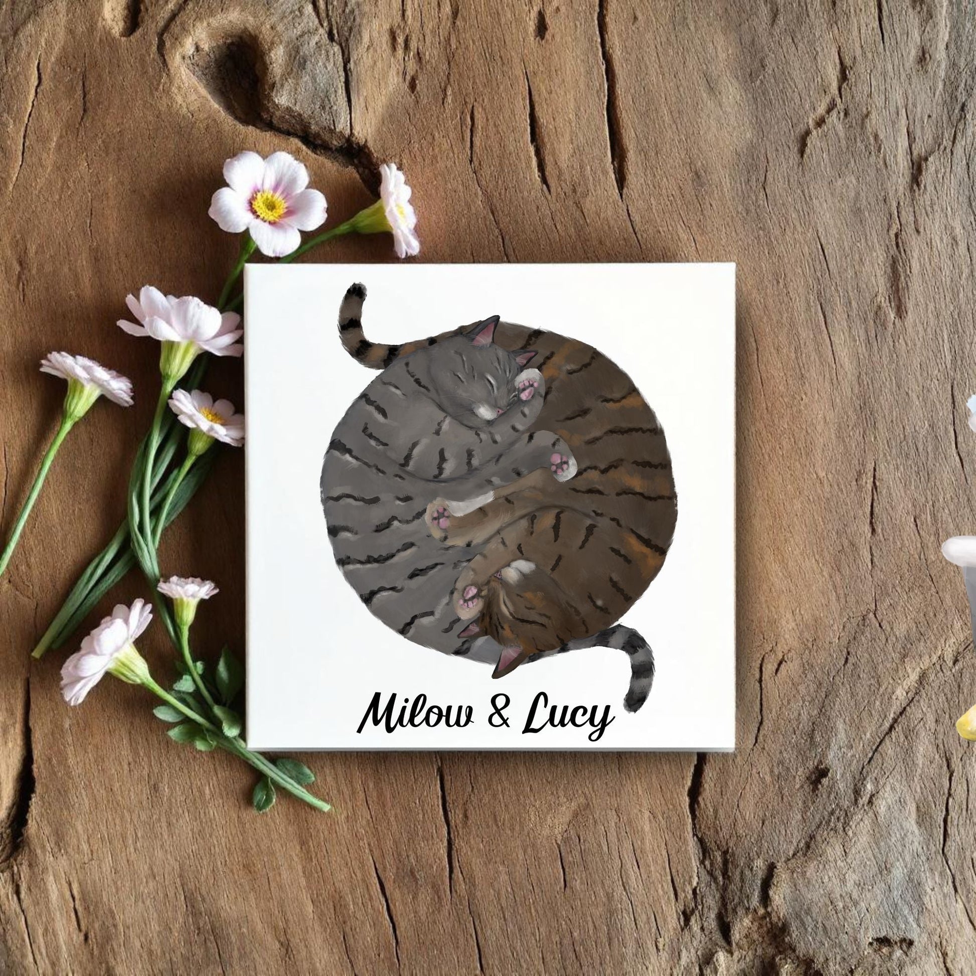 Tabby Cats Yin and Yang Ceramic Tile - MerikaArt