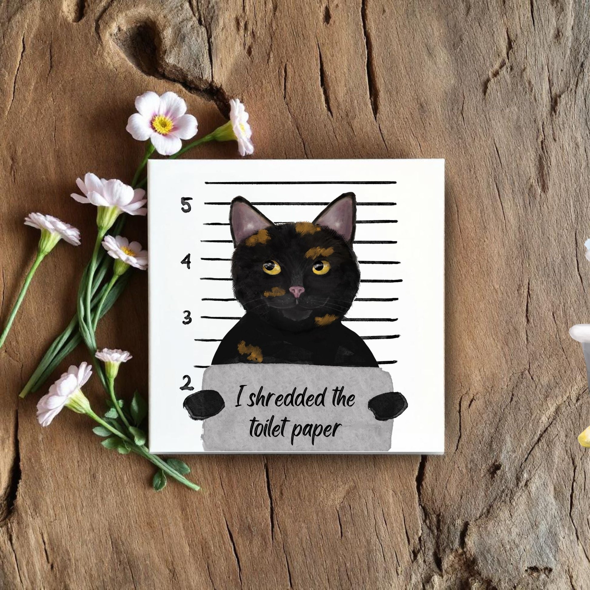 Tortie Cat Mugshot Ceramic Tile – Handcrafted Whimsical Pet Art Decor - MerikaArt