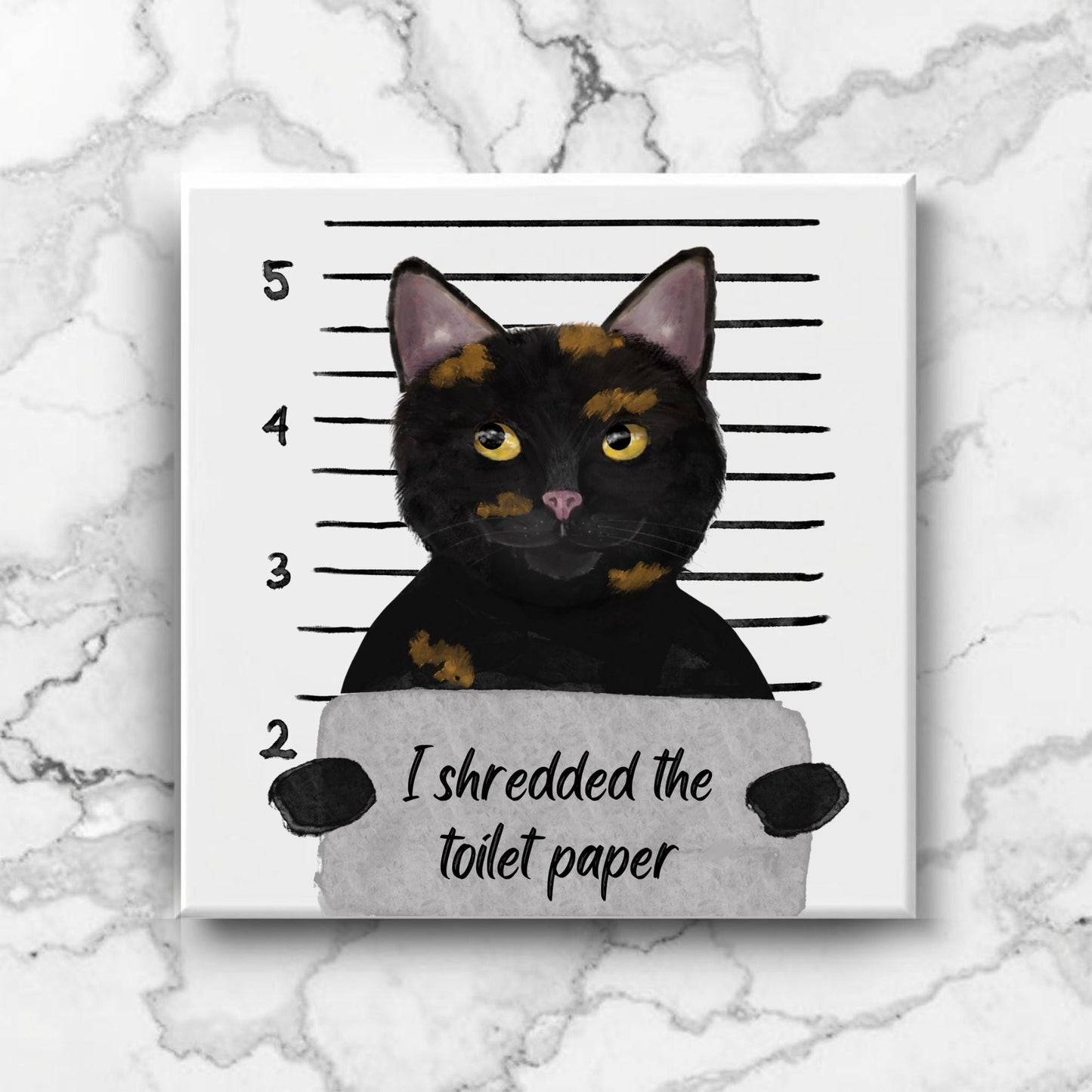 Tortie Cat Mugshot Ceramic Tile – Handcrafted Whimsical Pet Art Decor - MerikaArt