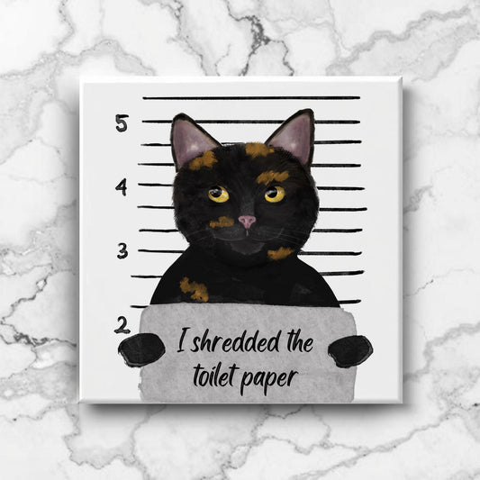 Tortie Cat Mugshot Ceramic Tile – Handcrafted Whimsical Pet Art Decor - MerikaArt