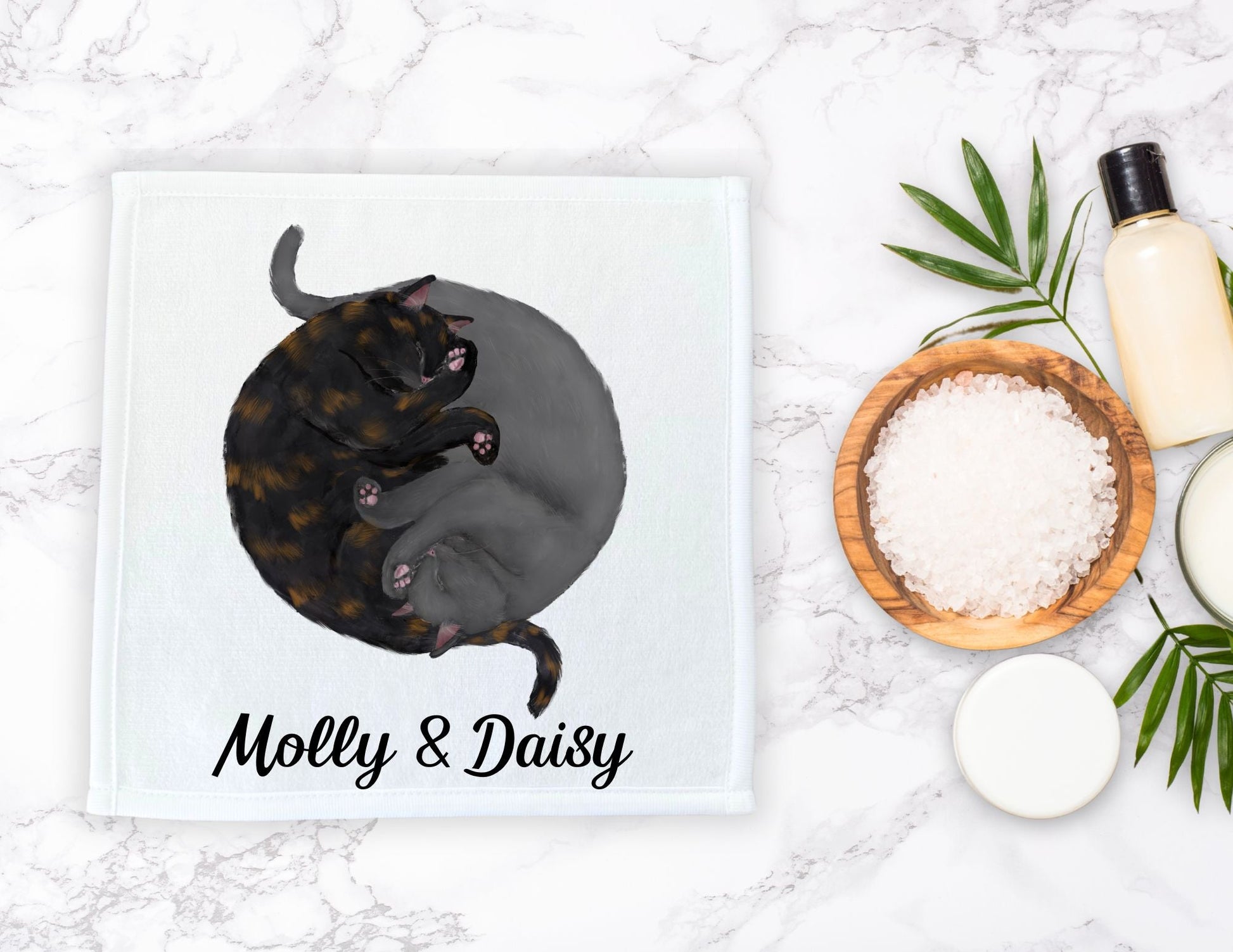 Tortoiseshell and Gray Cats Sleeping Washcloth - MerikaArt