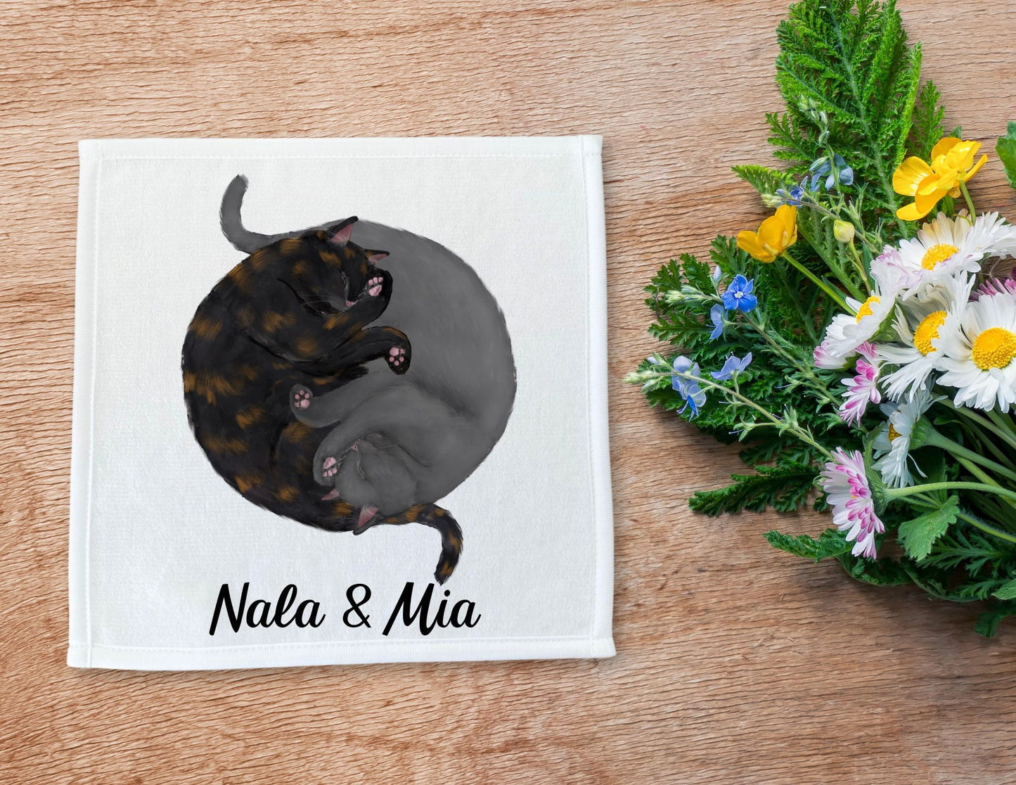 Tortoiseshell and Gray Cats Sleeping Washcloth - MerikaArt