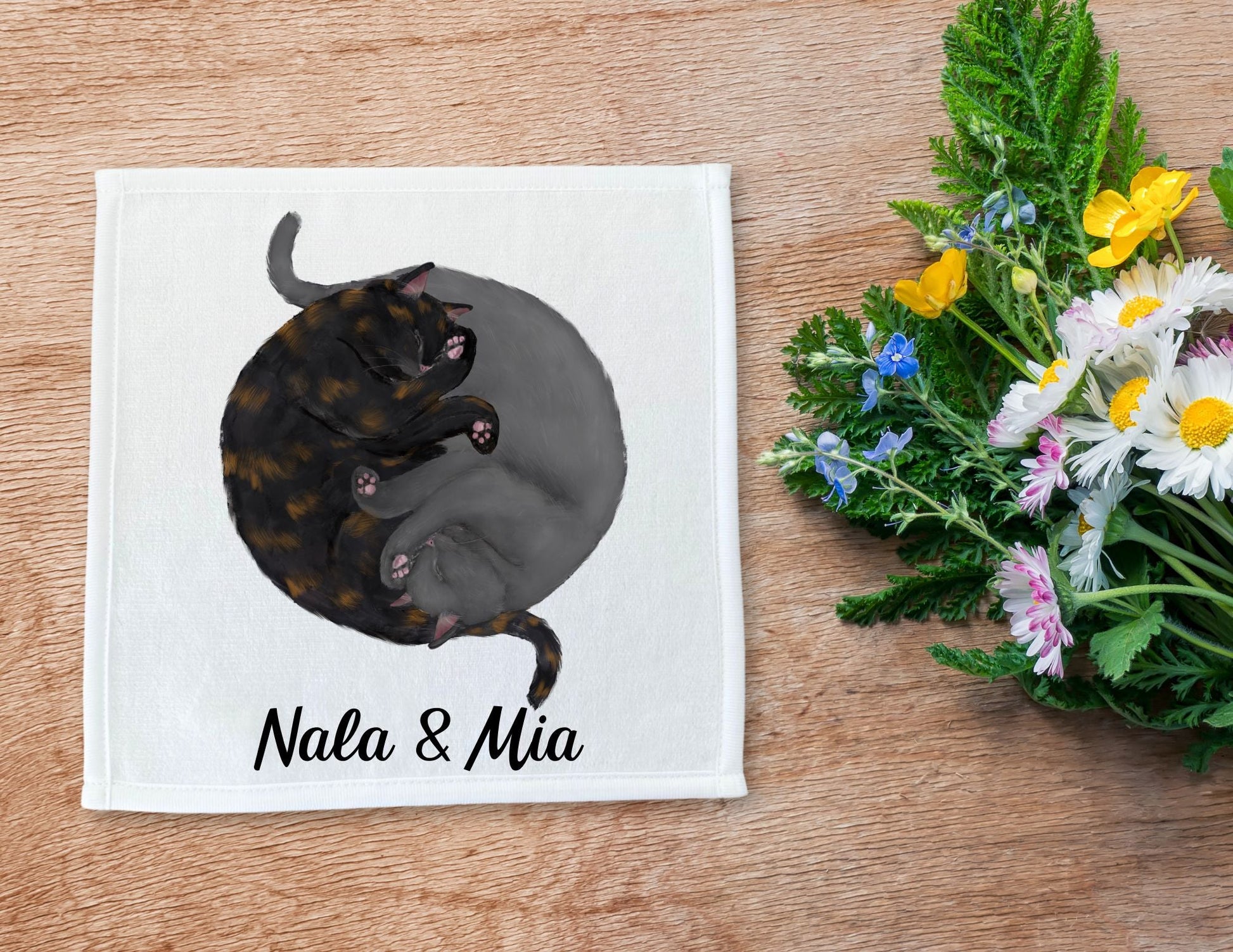 Tortoiseshell and Gray Cats Sleeping Washcloth - MerikaArt