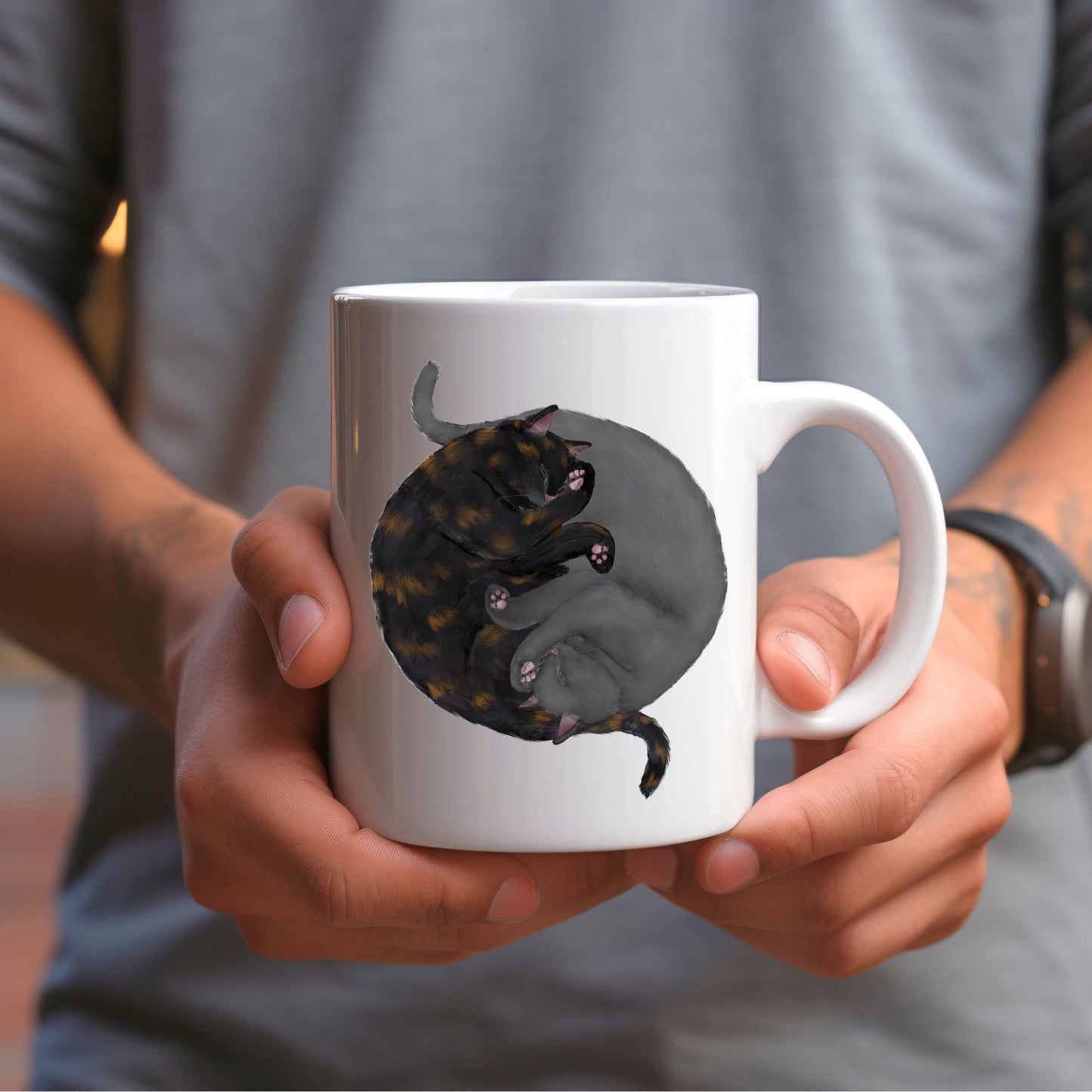 Tortoiseshell and Gray Sleeping Cats Mug - MerikaArt