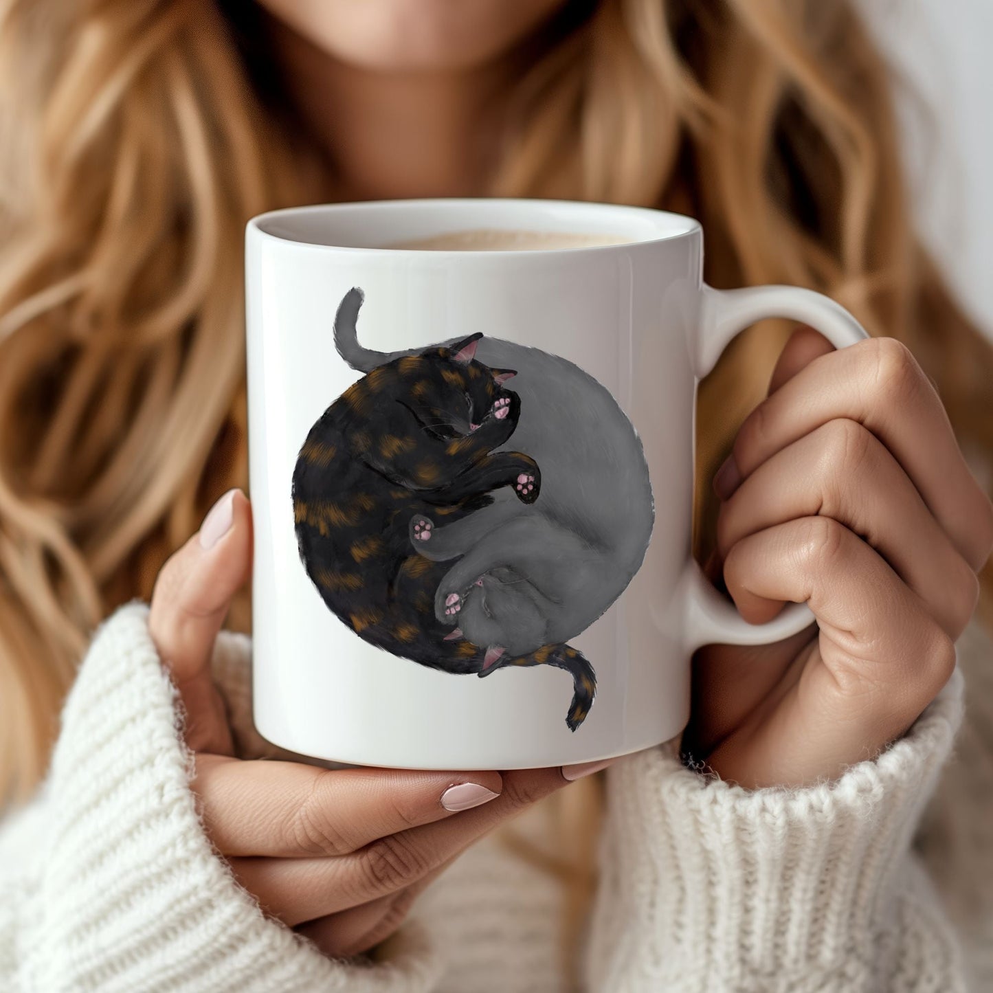 Tortoiseshell and Gray Sleeping Cats Mug - MerikaArt